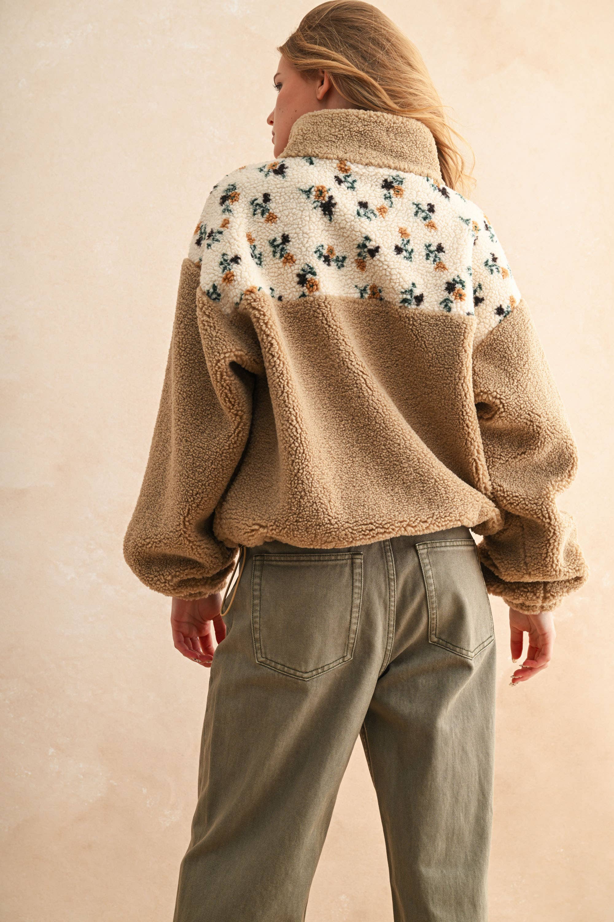 Amber | Half Zip Floral Print Contrast Sherpa Pullover