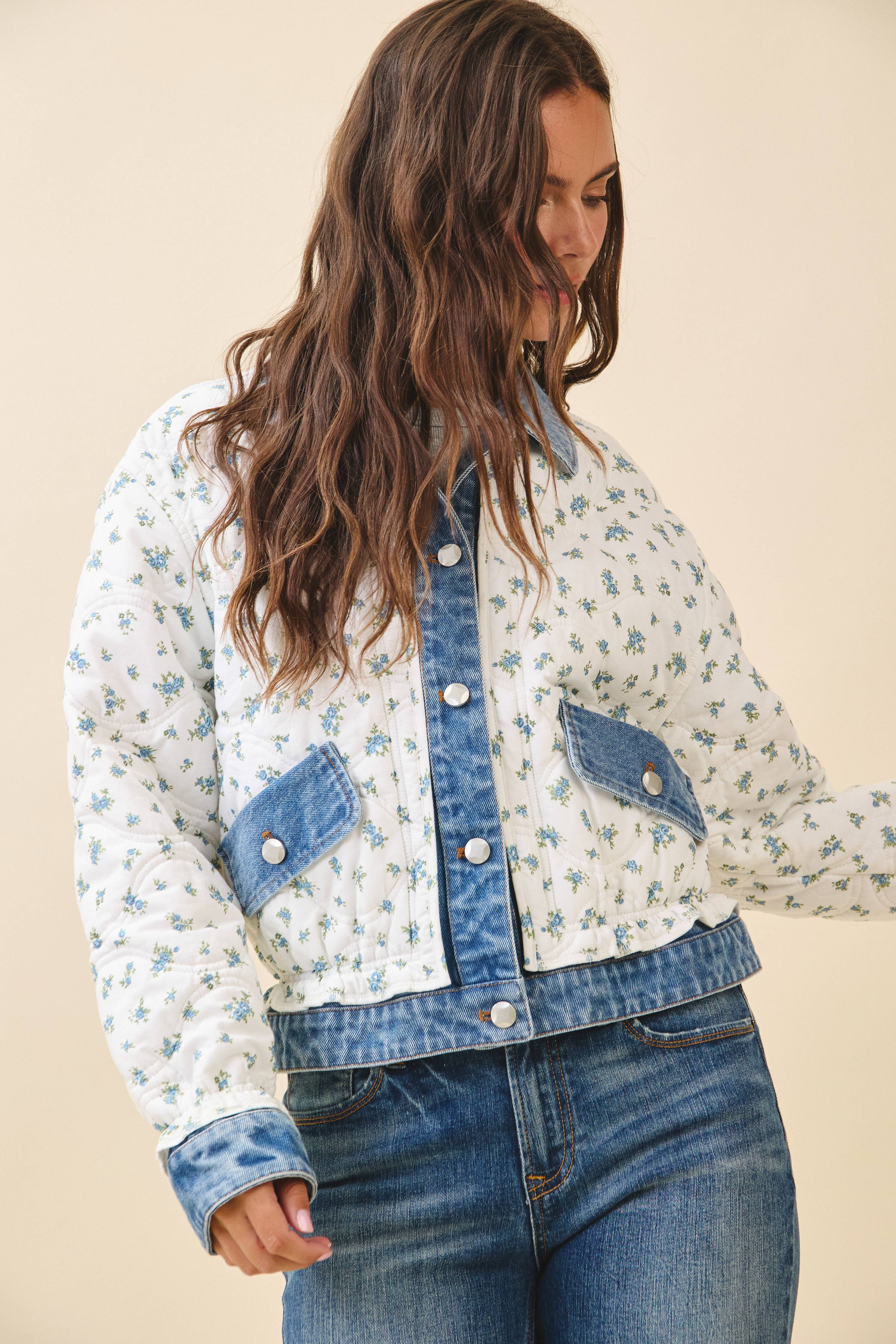 Lobelia | Floral Quilted Denim Trim Jacket