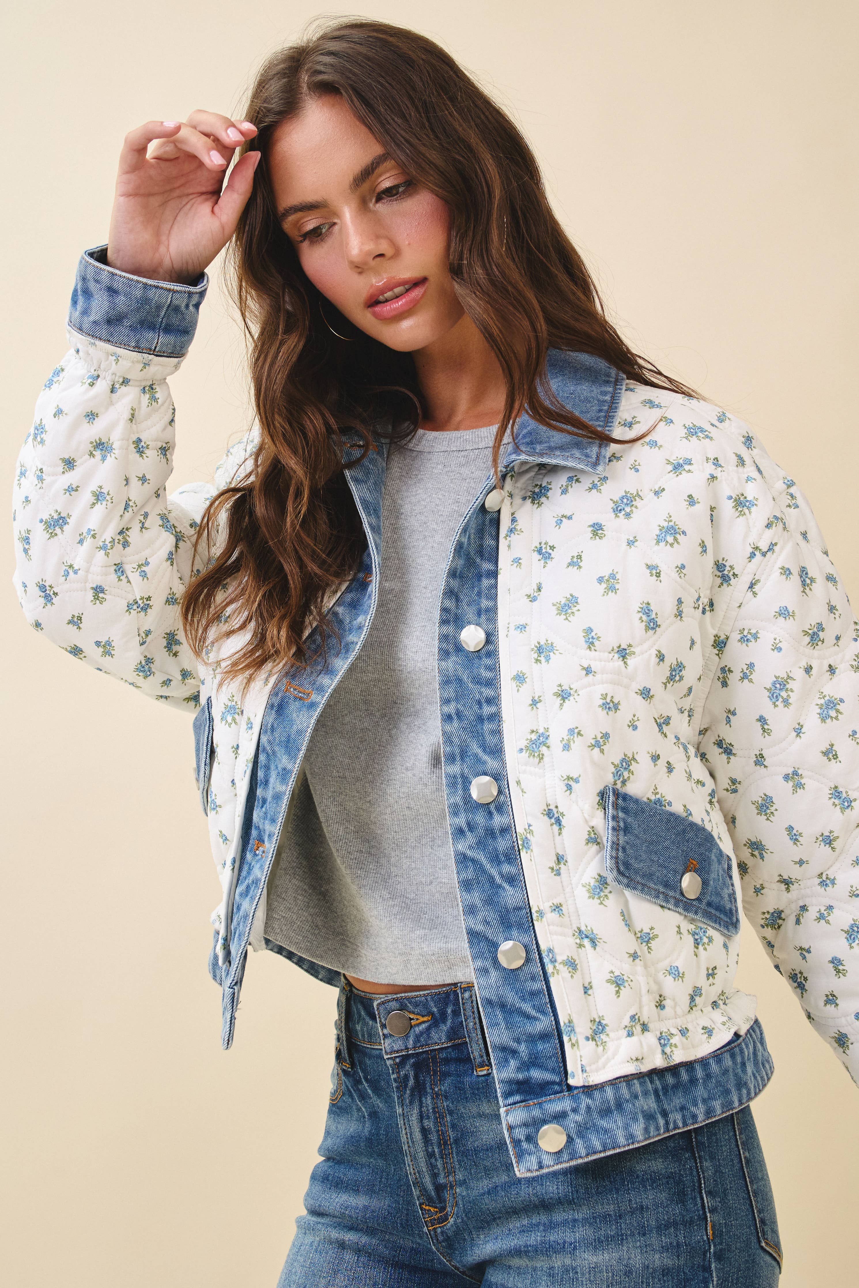 Lobelia | Floral Quilted Denim Trim Jacket