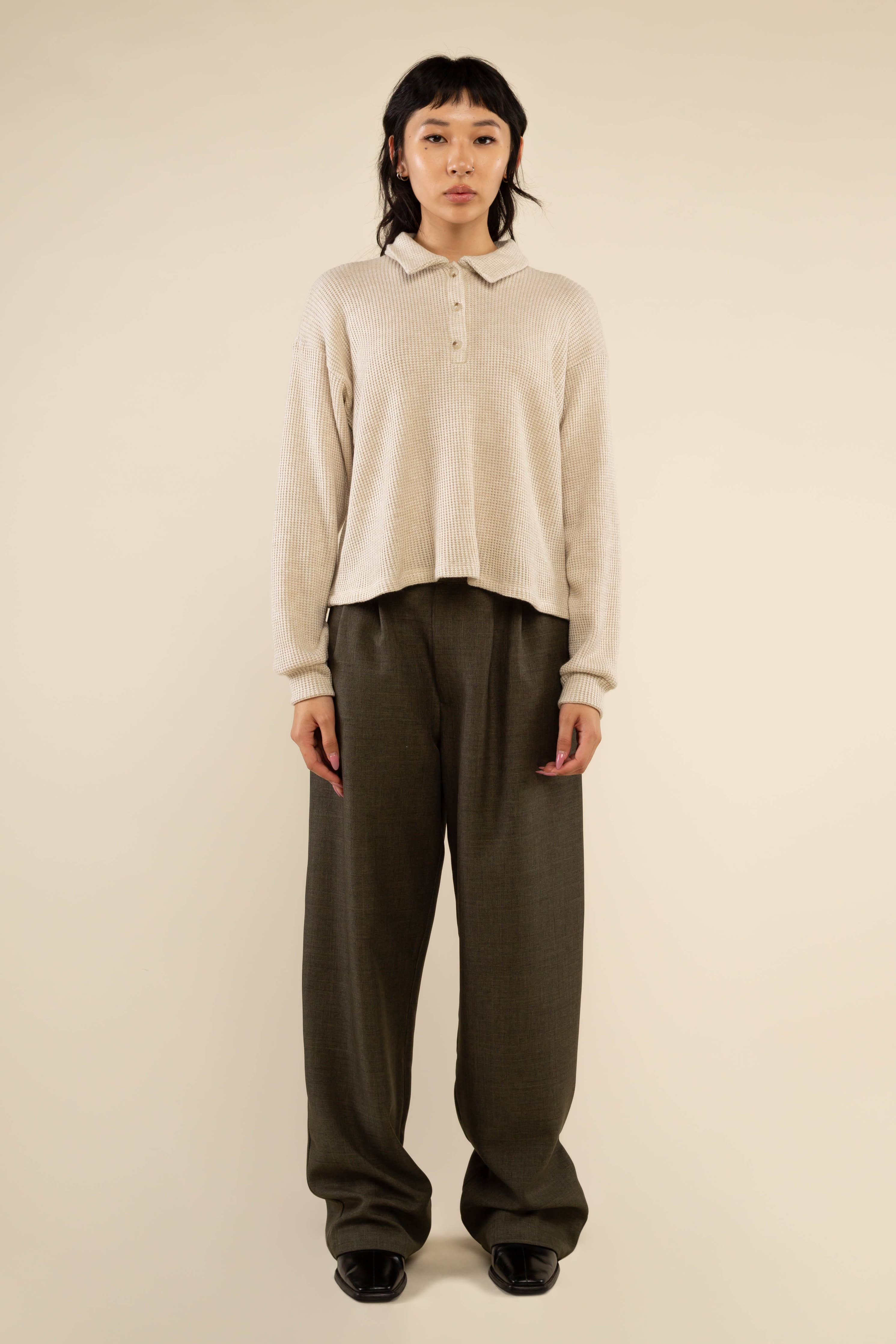 Fawn | Waffle Polo Long Sleeve Top