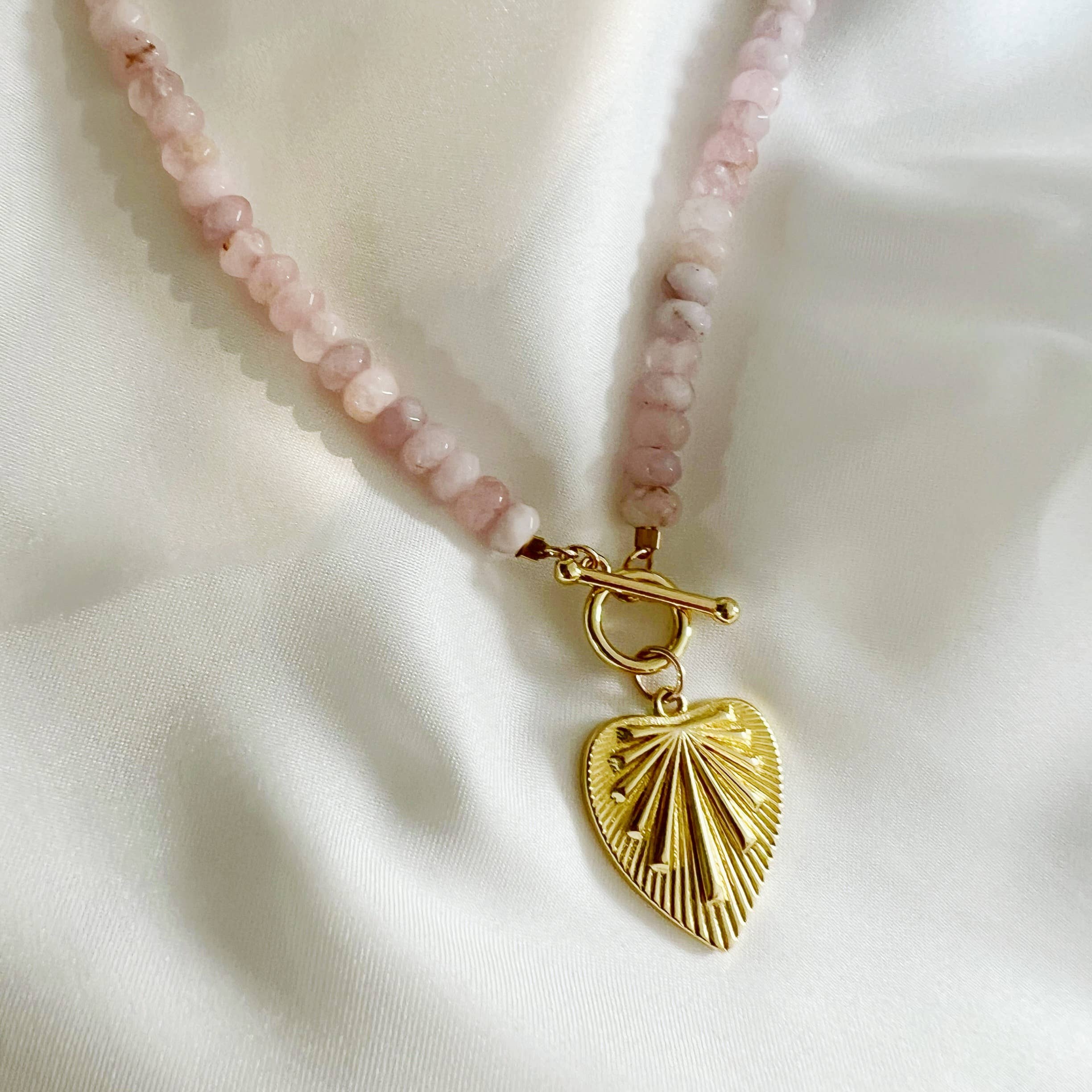 Rosalie Rose Quartz Heart Beaded Toggle Necklace Gold Filled