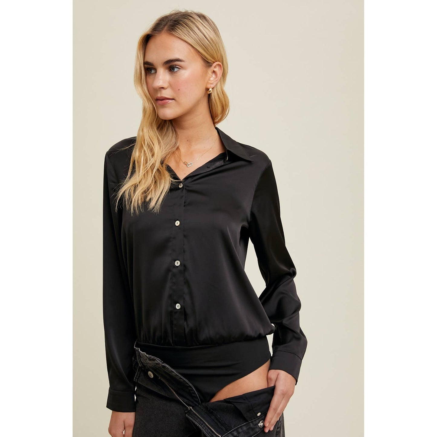 Satin Button-Up Shirt Thong Bodysuit | WL24-9444
