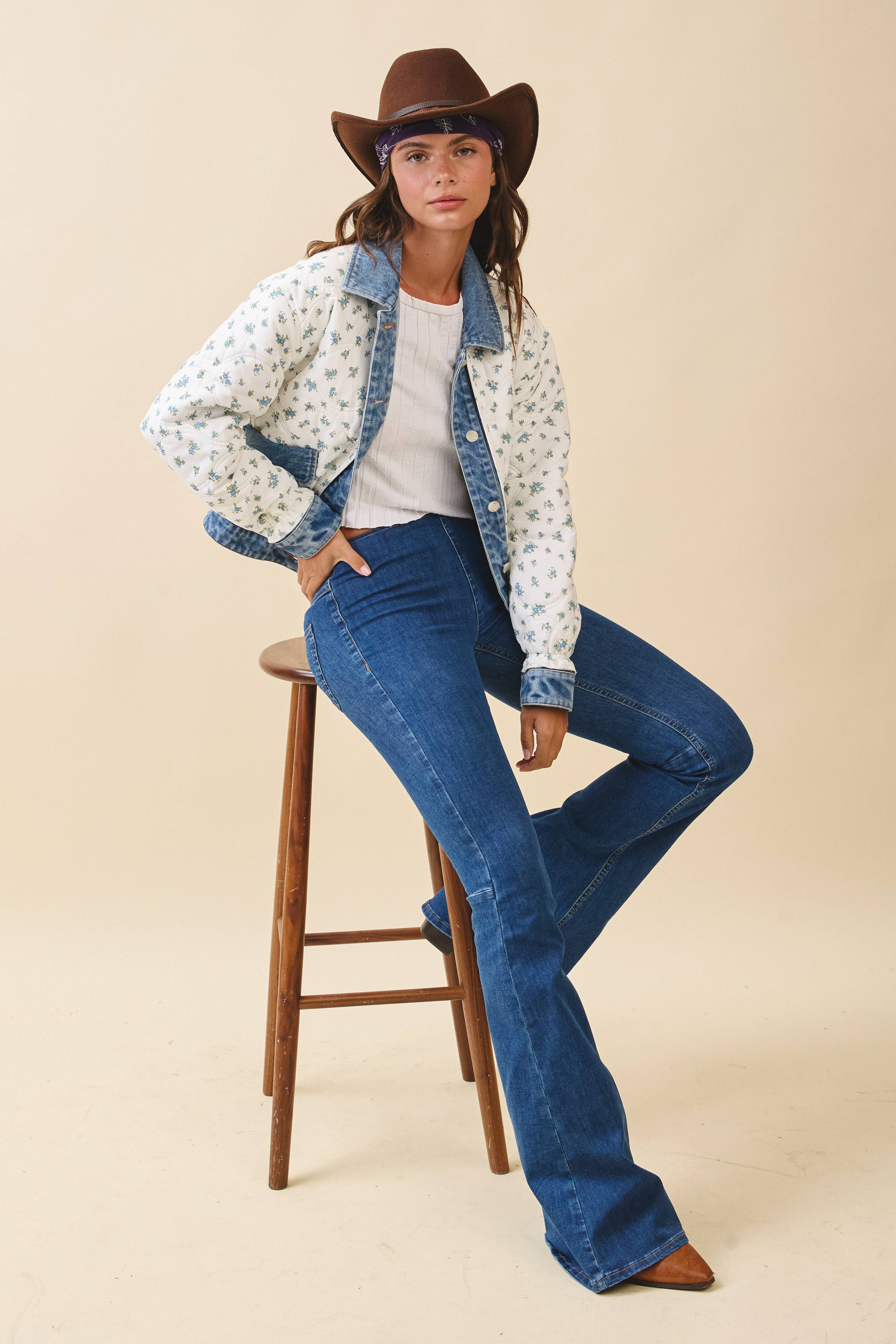 Lobelia | Floral Quilted Denim Trim Jacket