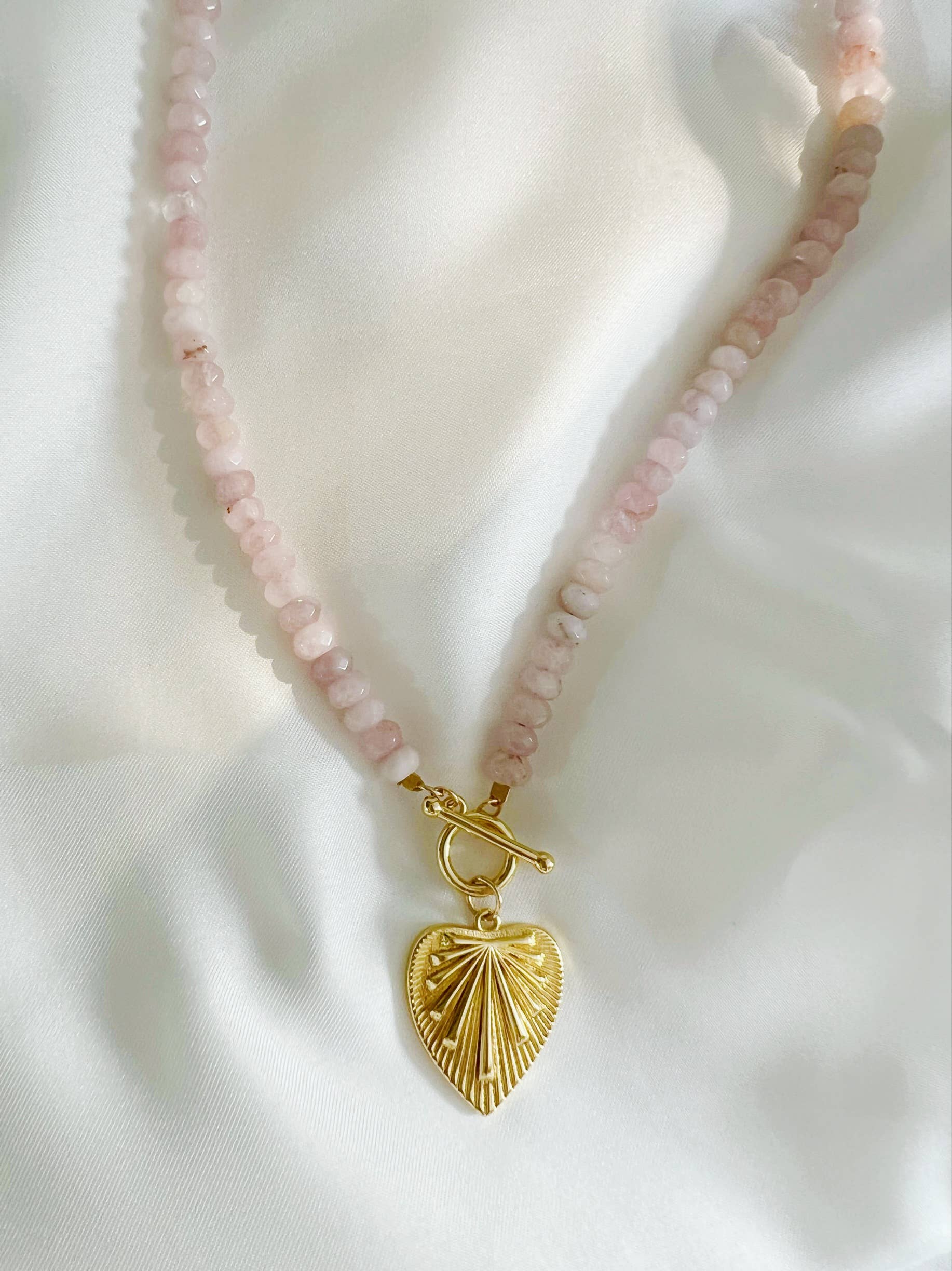 Rosalie Rose Quartz Heart Beaded Toggle Necklace Gold Filled