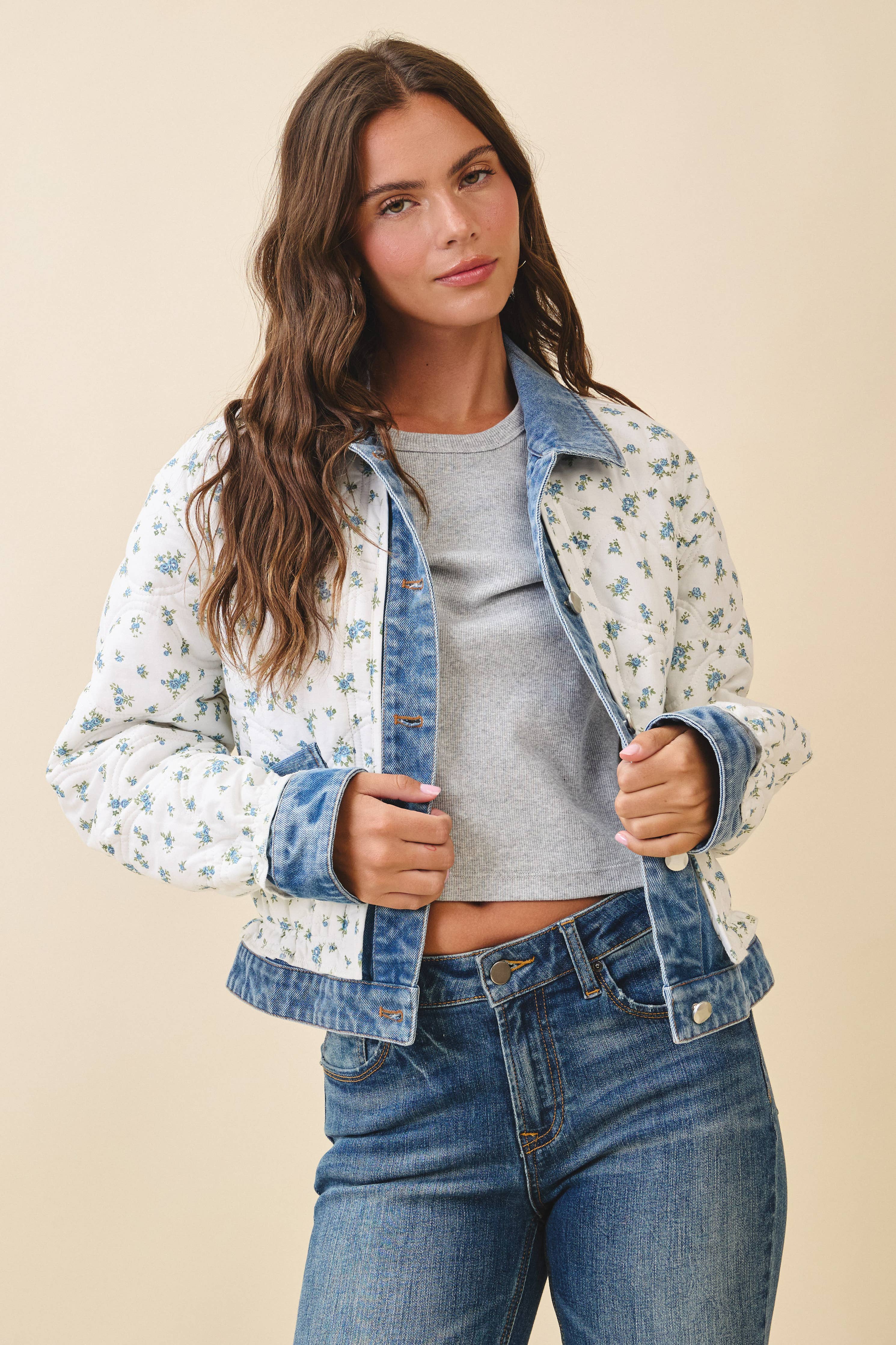 Lobelia | Floral Quilted Denim Trim Jacket