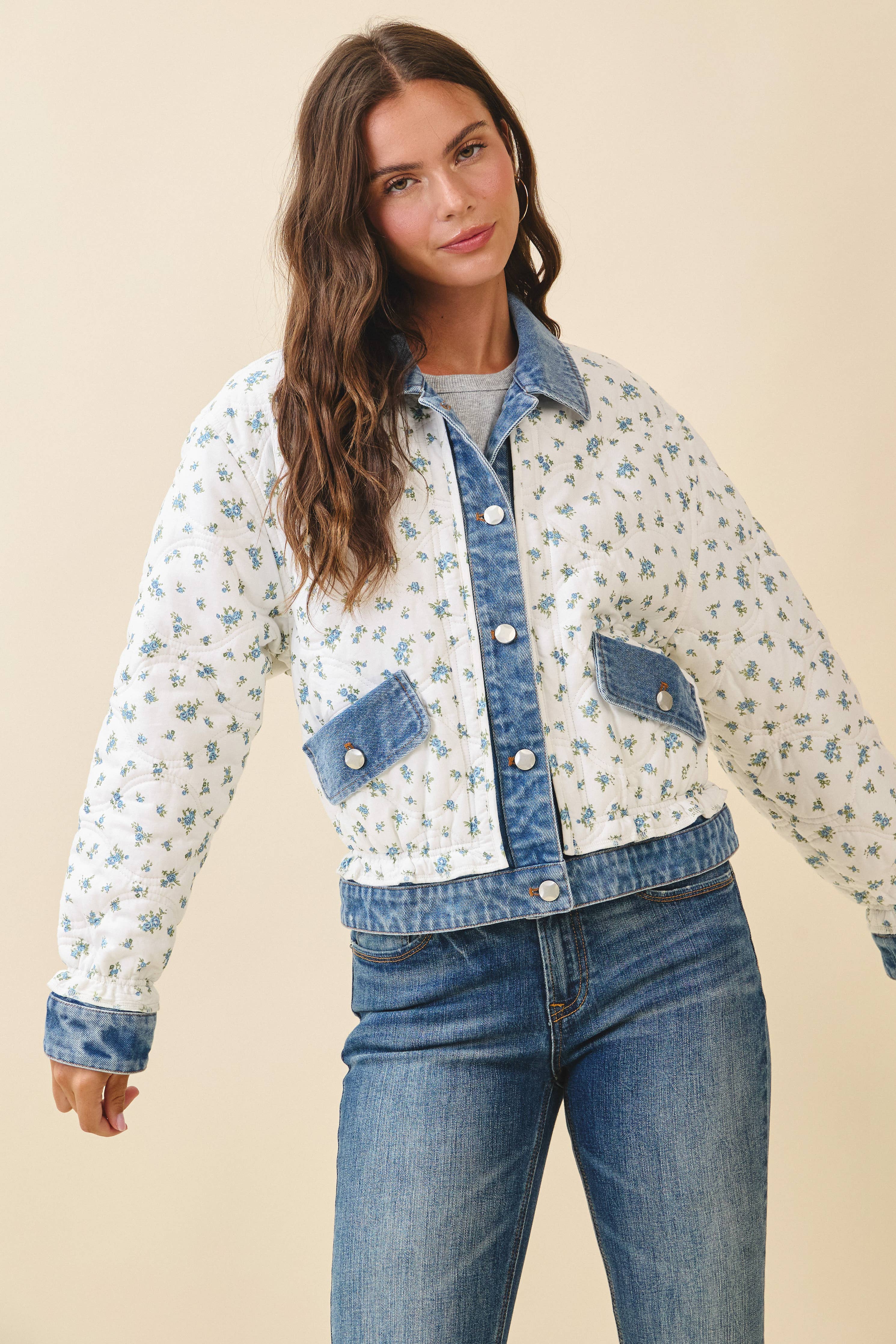 Lobelia | Floral Quilted Denim Trim Jacket