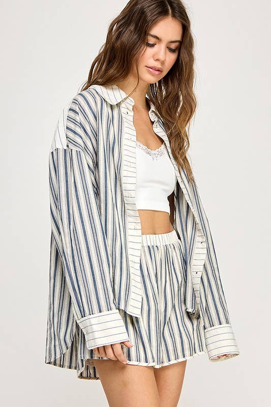 Summer Breeze | Contrast Stripe Button Down Shirt 100% Cotton