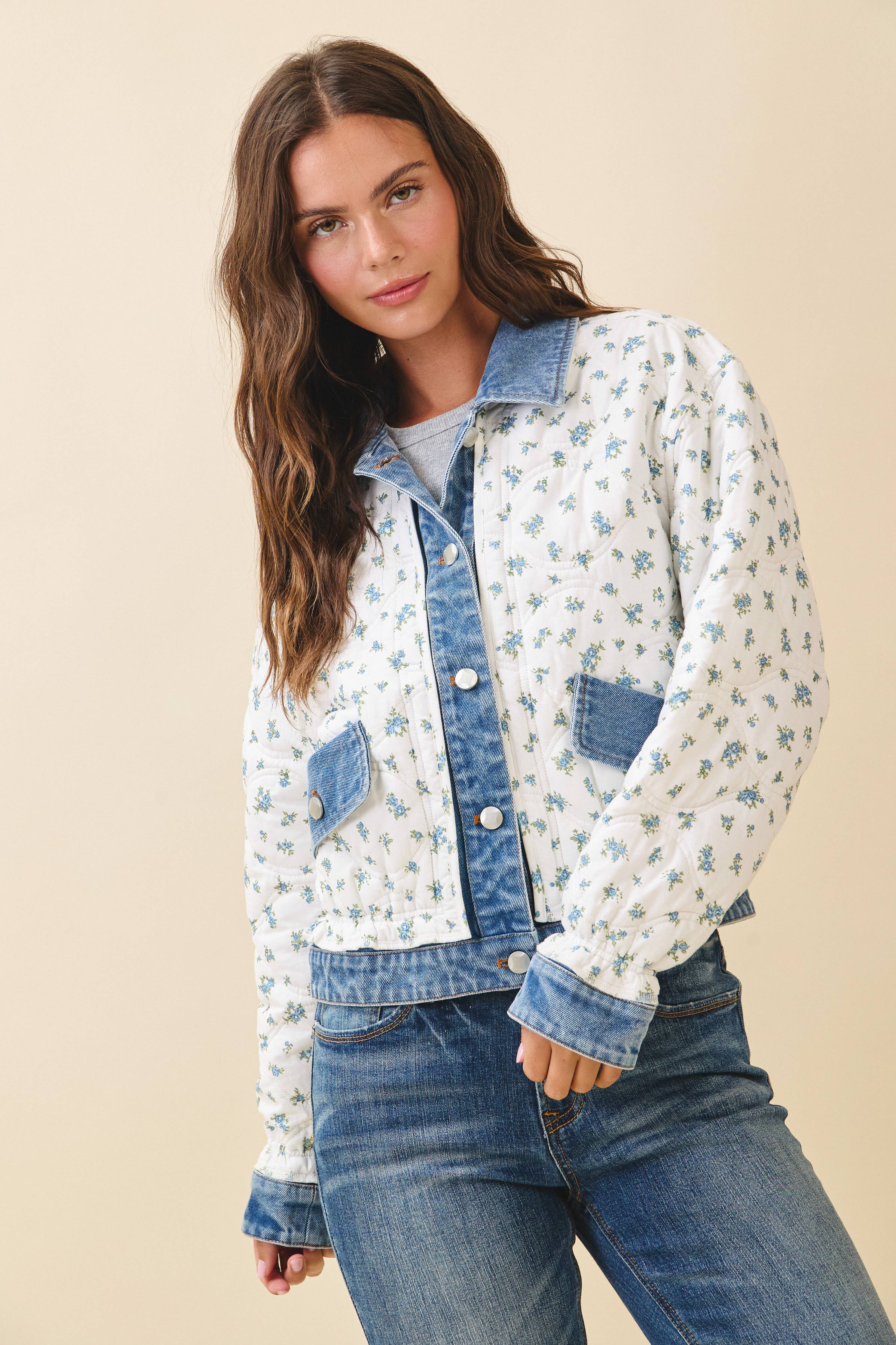 Lobelia | Floral Quilted Denim Trim Jacket