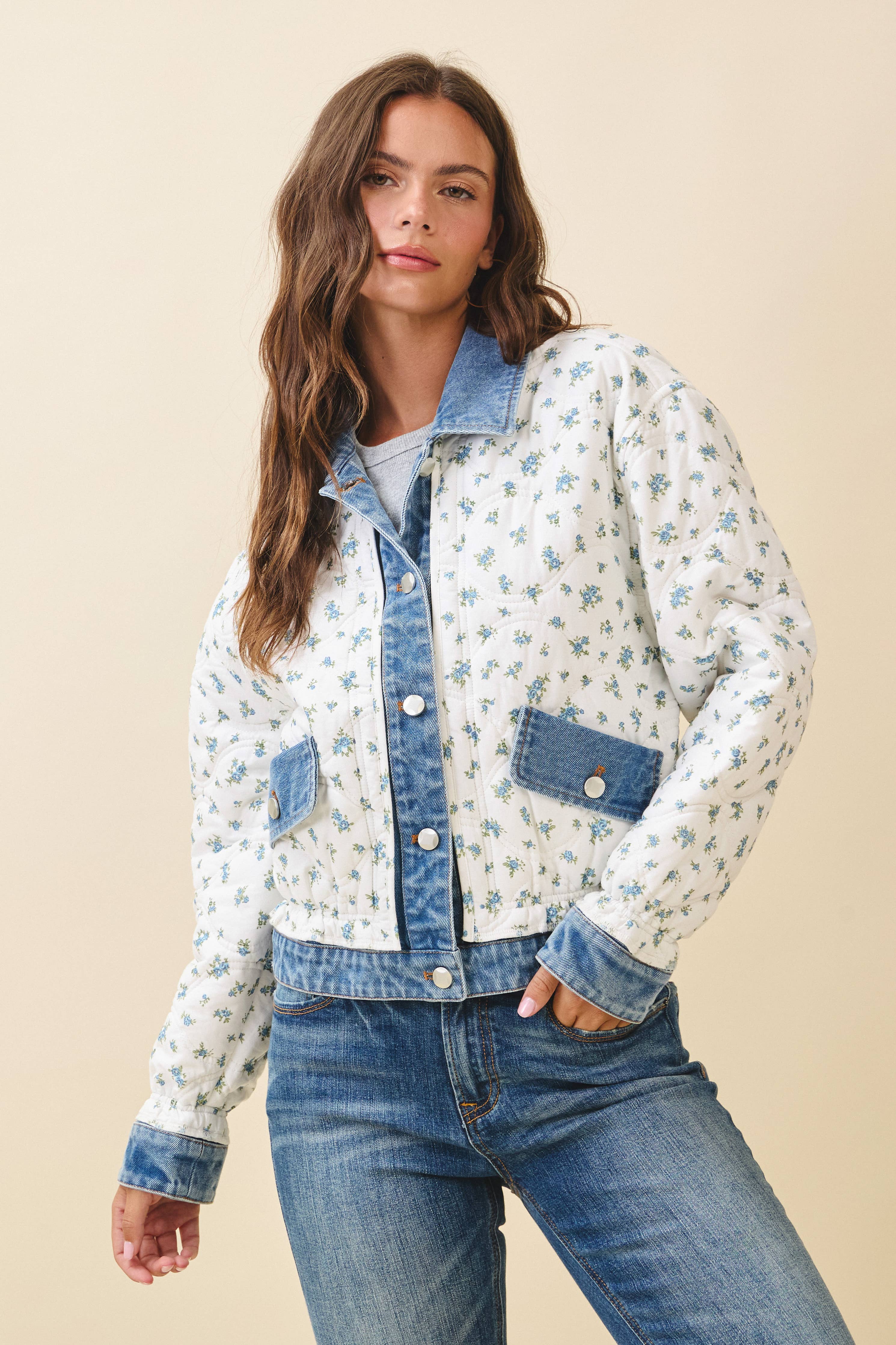 Lobelia | Floral Quilted Denim Trim Jacket
