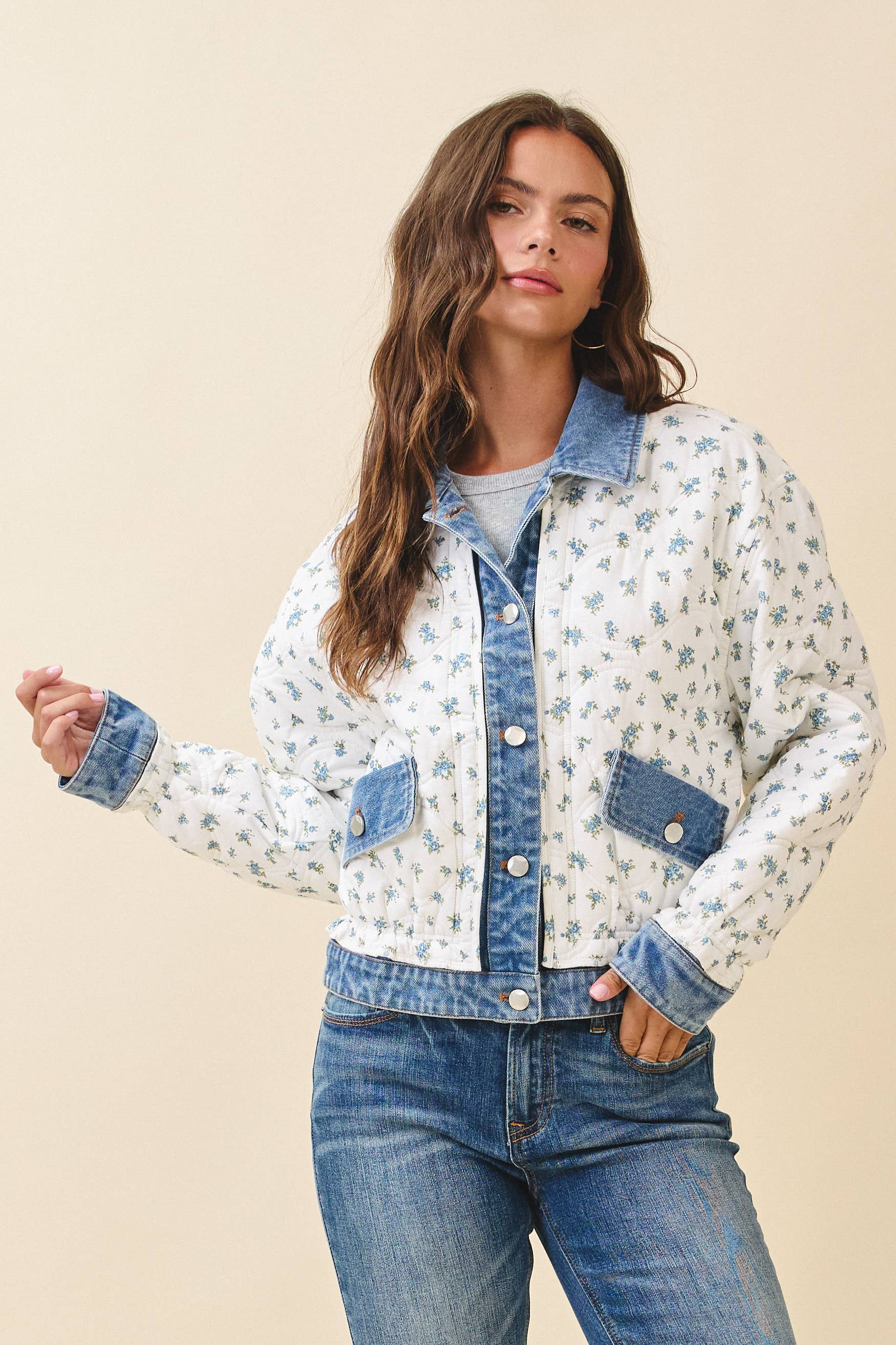 Lobelia | Floral Quilted Denim Trim Jacket