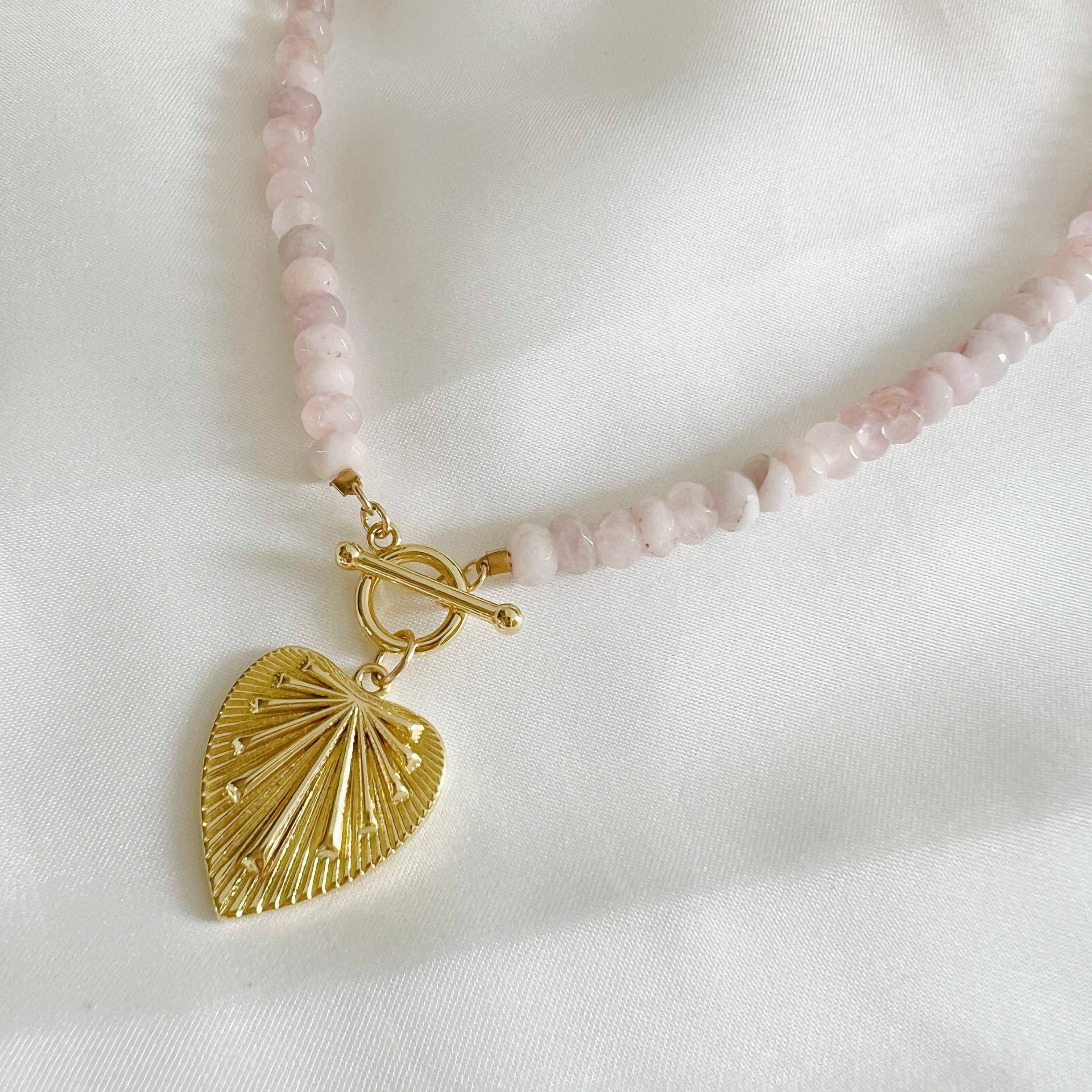 Rosalie Rose Quartz Heart Beaded Toggle Necklace Gold Filled