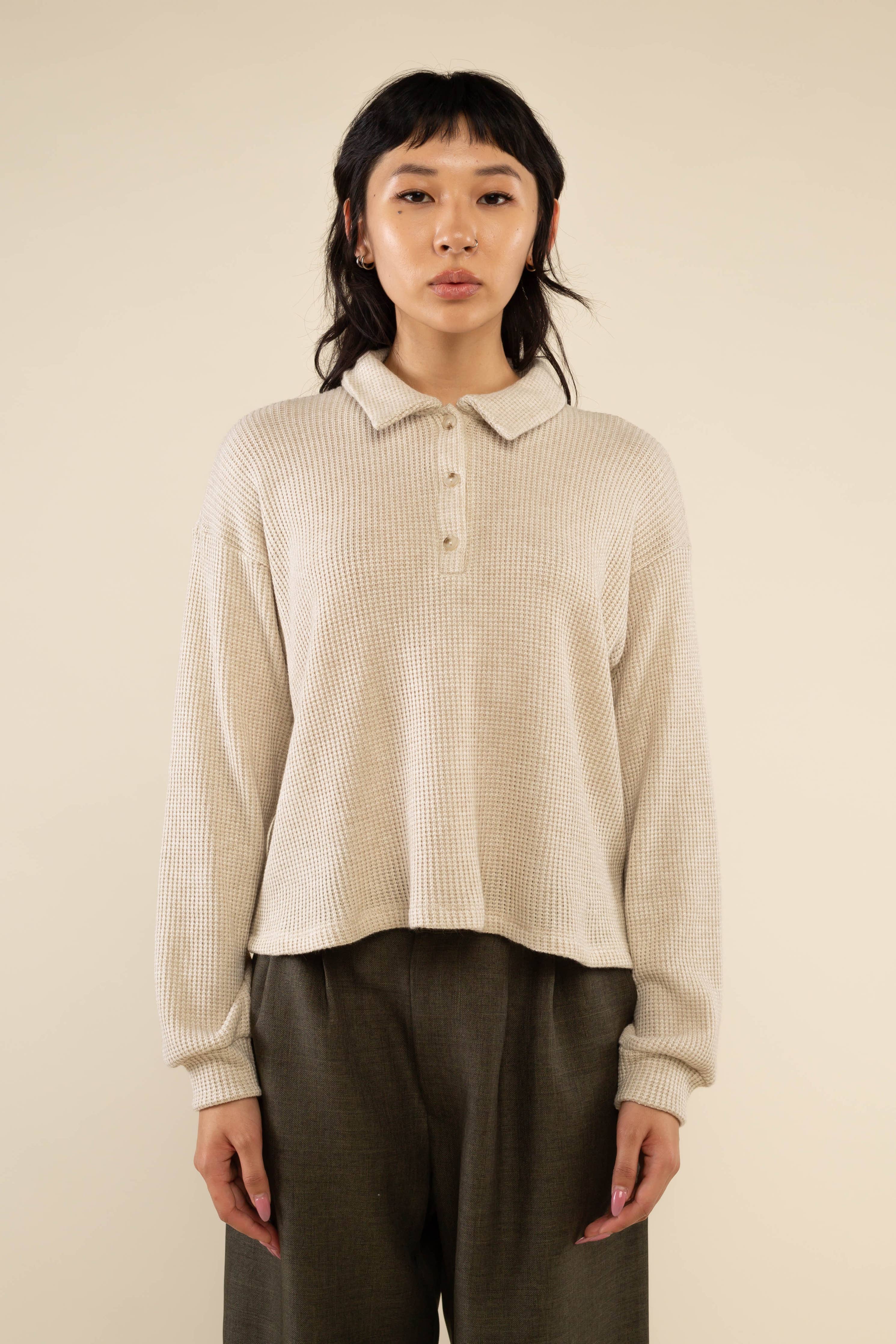 Fawn | Waffle Polo Long Sleeve Top