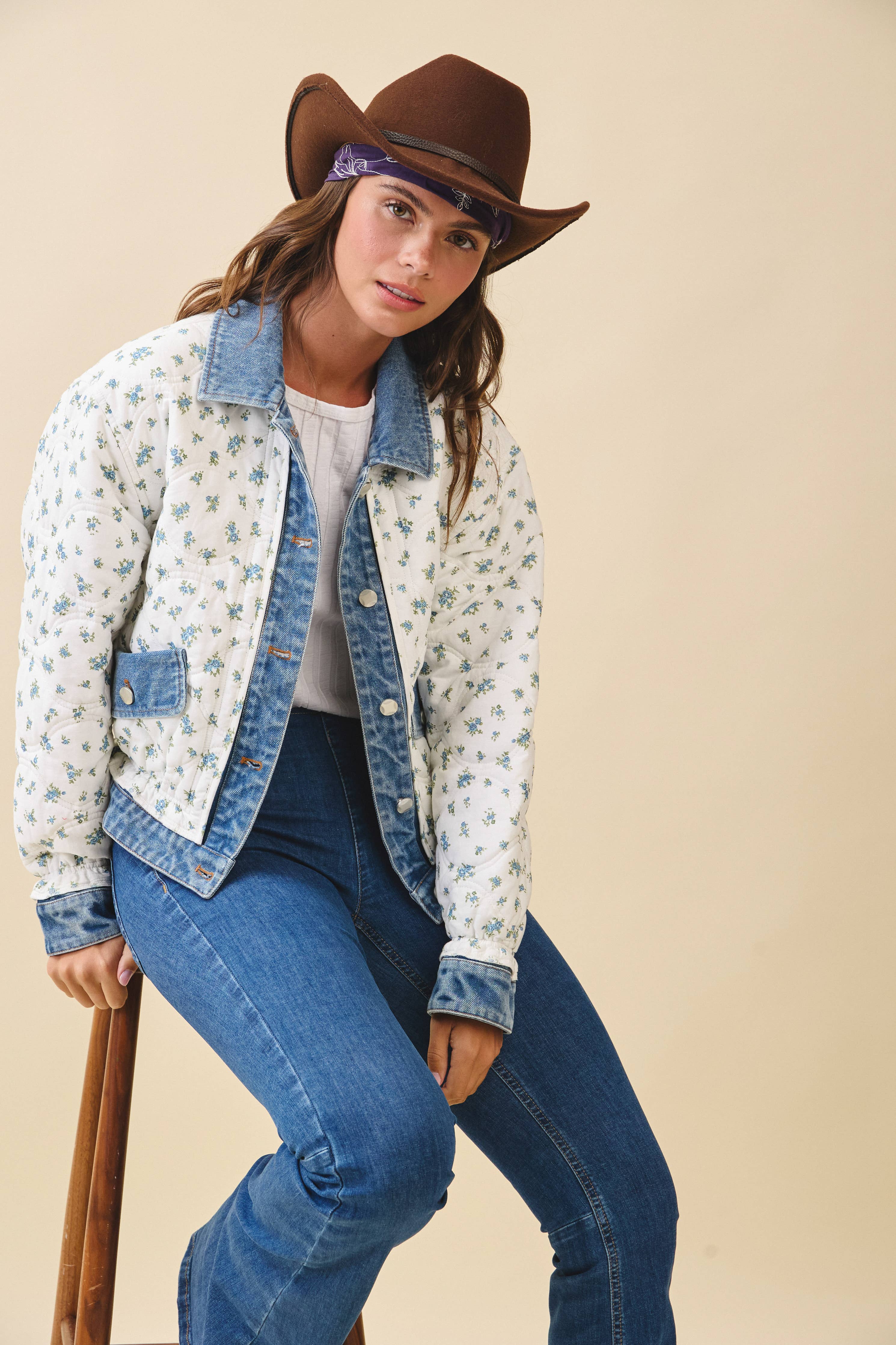 Lobelia | Floral Quilted Denim Trim Jacket