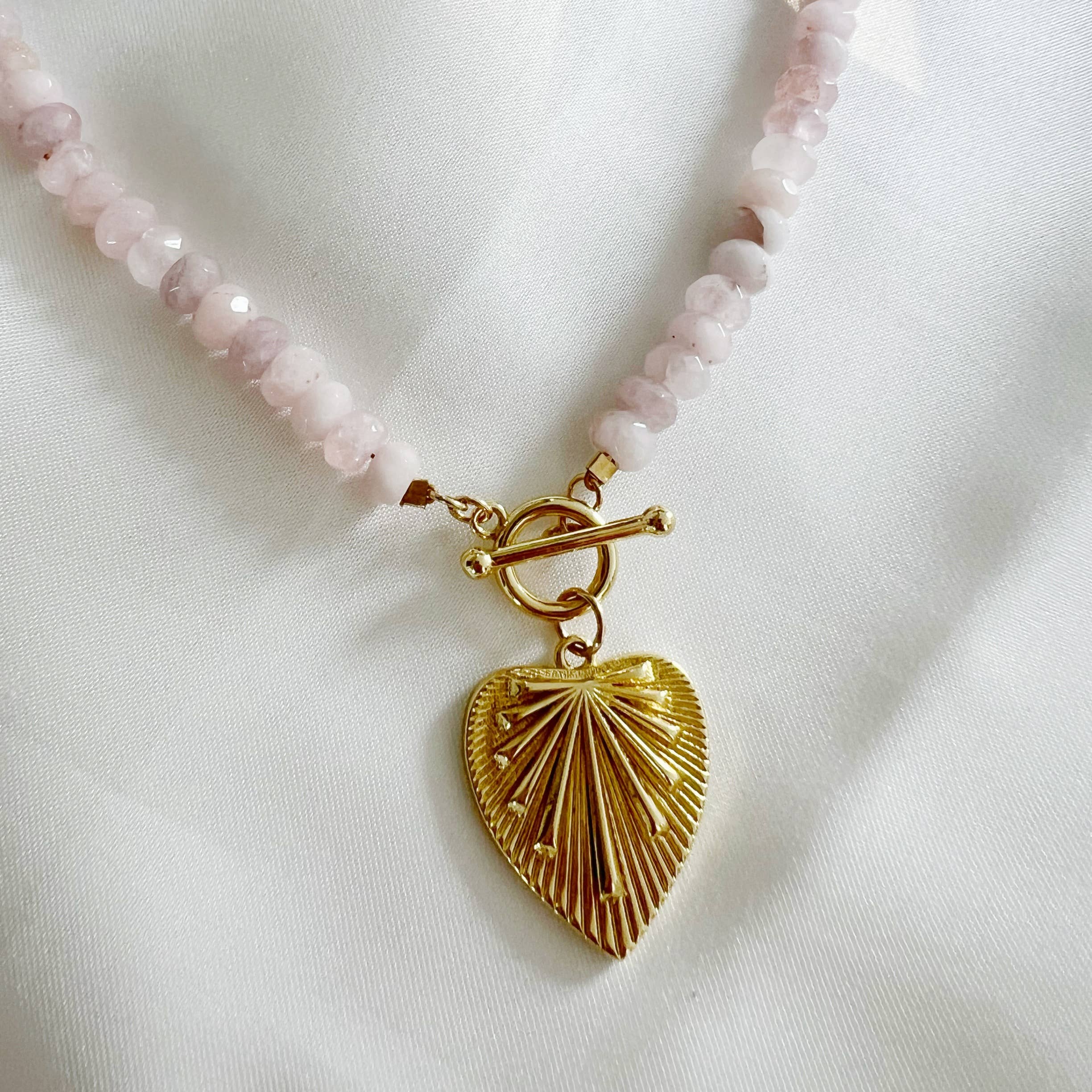 Rosalie Rose Quartz Heart Beaded Toggle Necklace Gold Filled