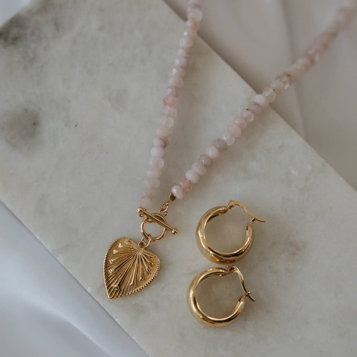 Rosalie Rose Quartz Heart Beaded Toggle Necklace Gold Filled
