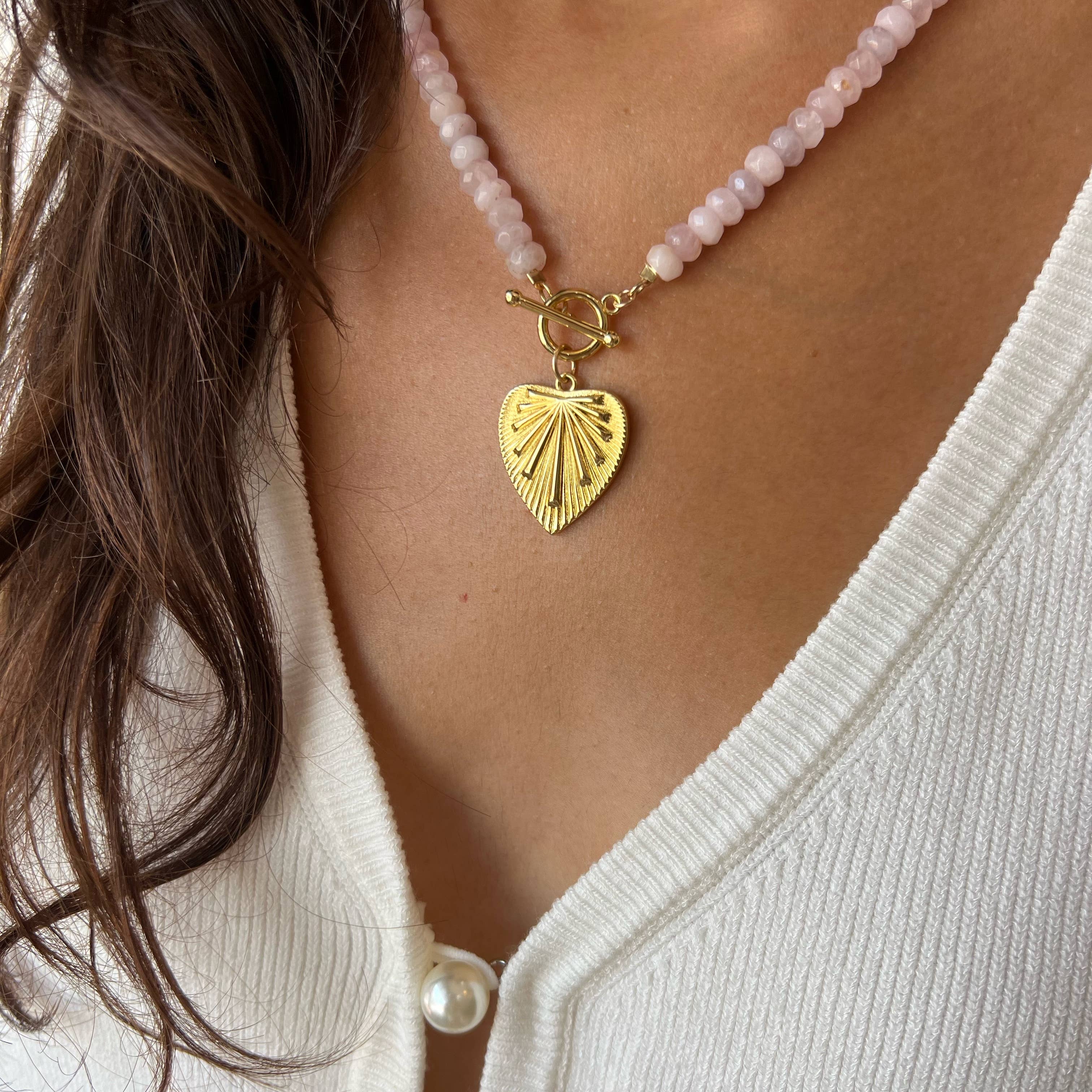 Rosalie Rose Quartz Heart Beaded Toggle Necklace Gold Filled