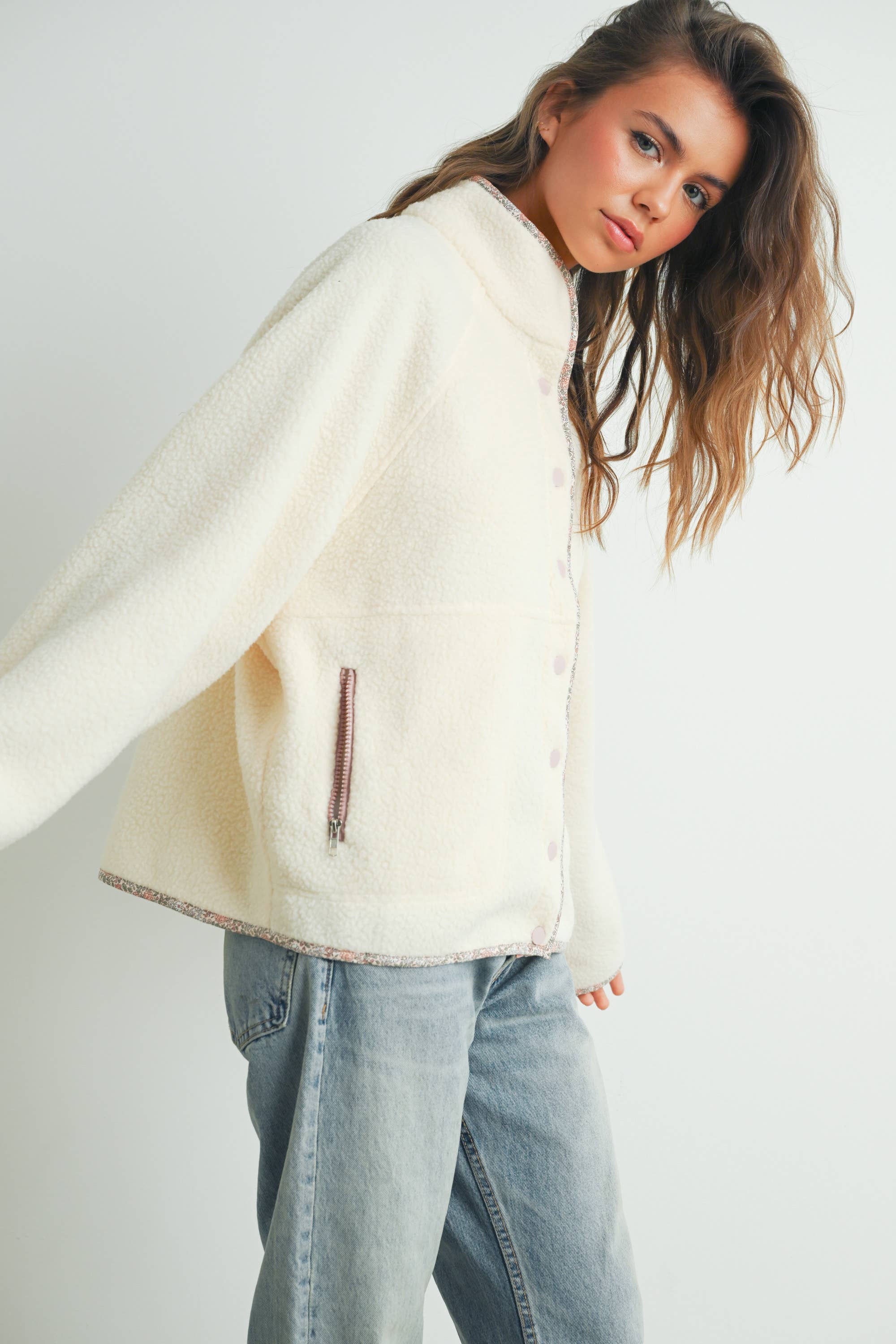 Ember | Fall Cozy Snap Mock Neck Sherpa Fleece Jacket
