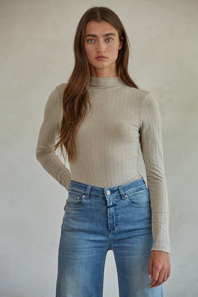 Knit Spandex Ribbed Mock Neck Fitted Top