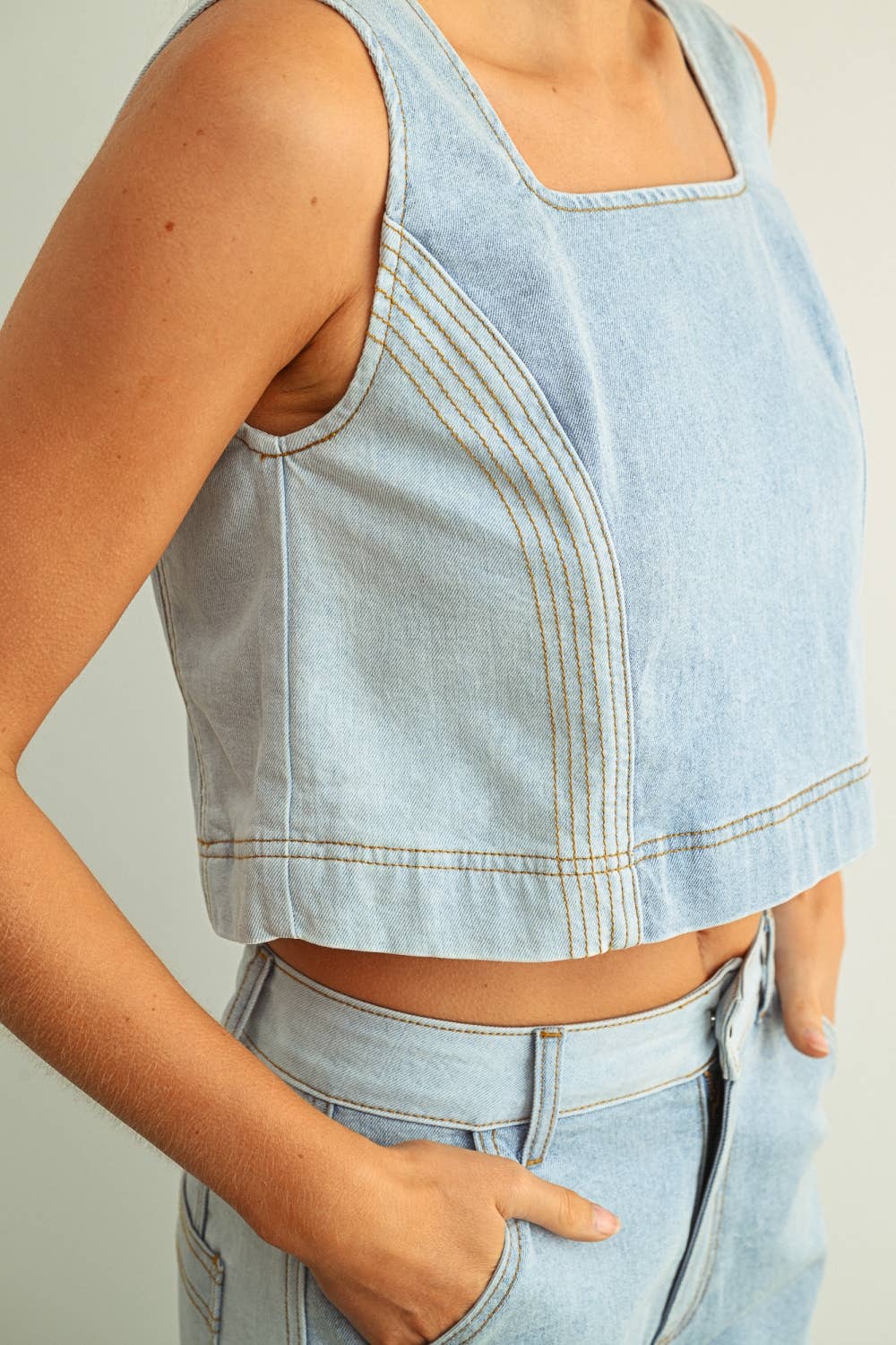 Gene | Denim Color Block Sleeveless Top