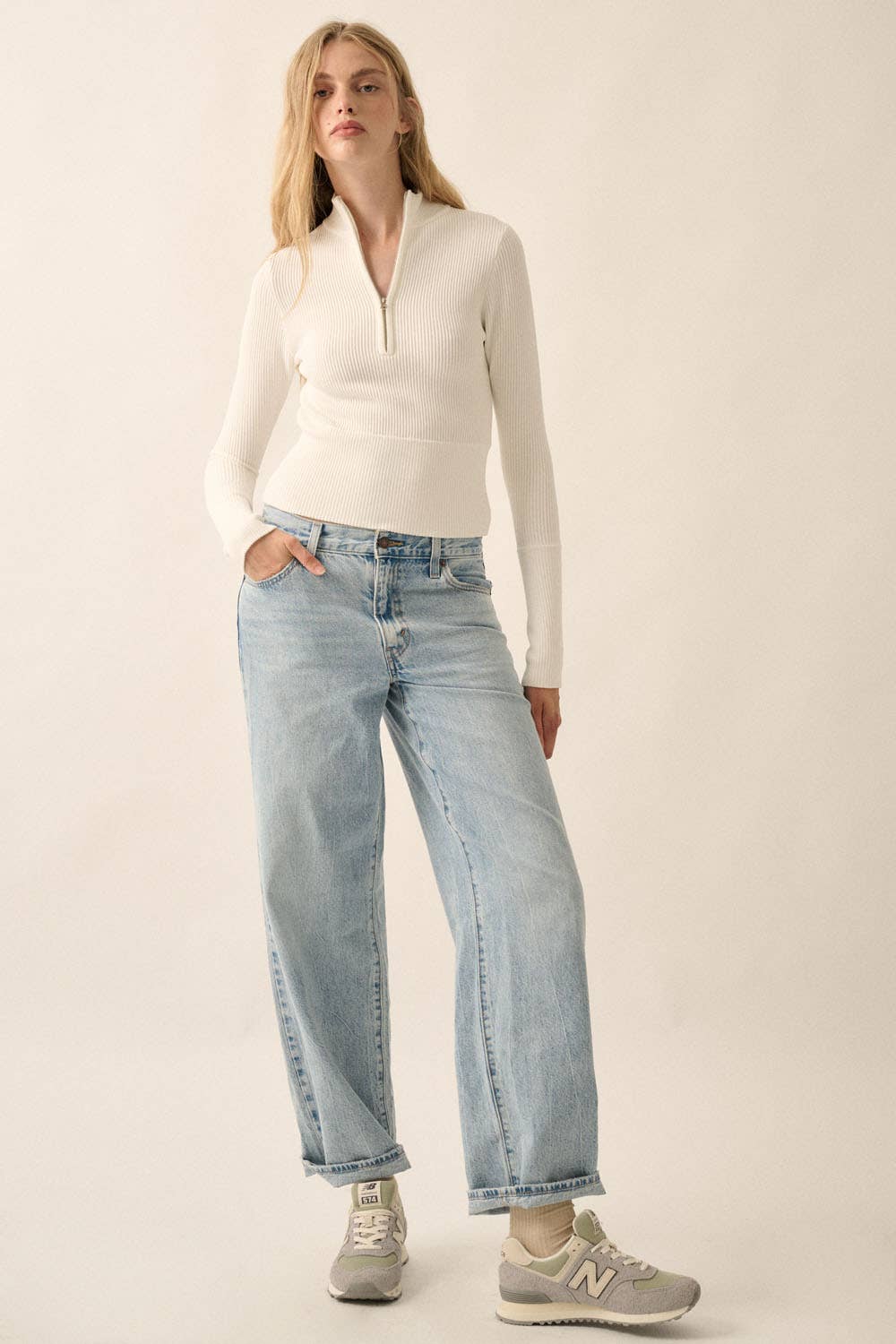 Shaper Fit Rib-Knit Half-Zip Thumb-Hole Top