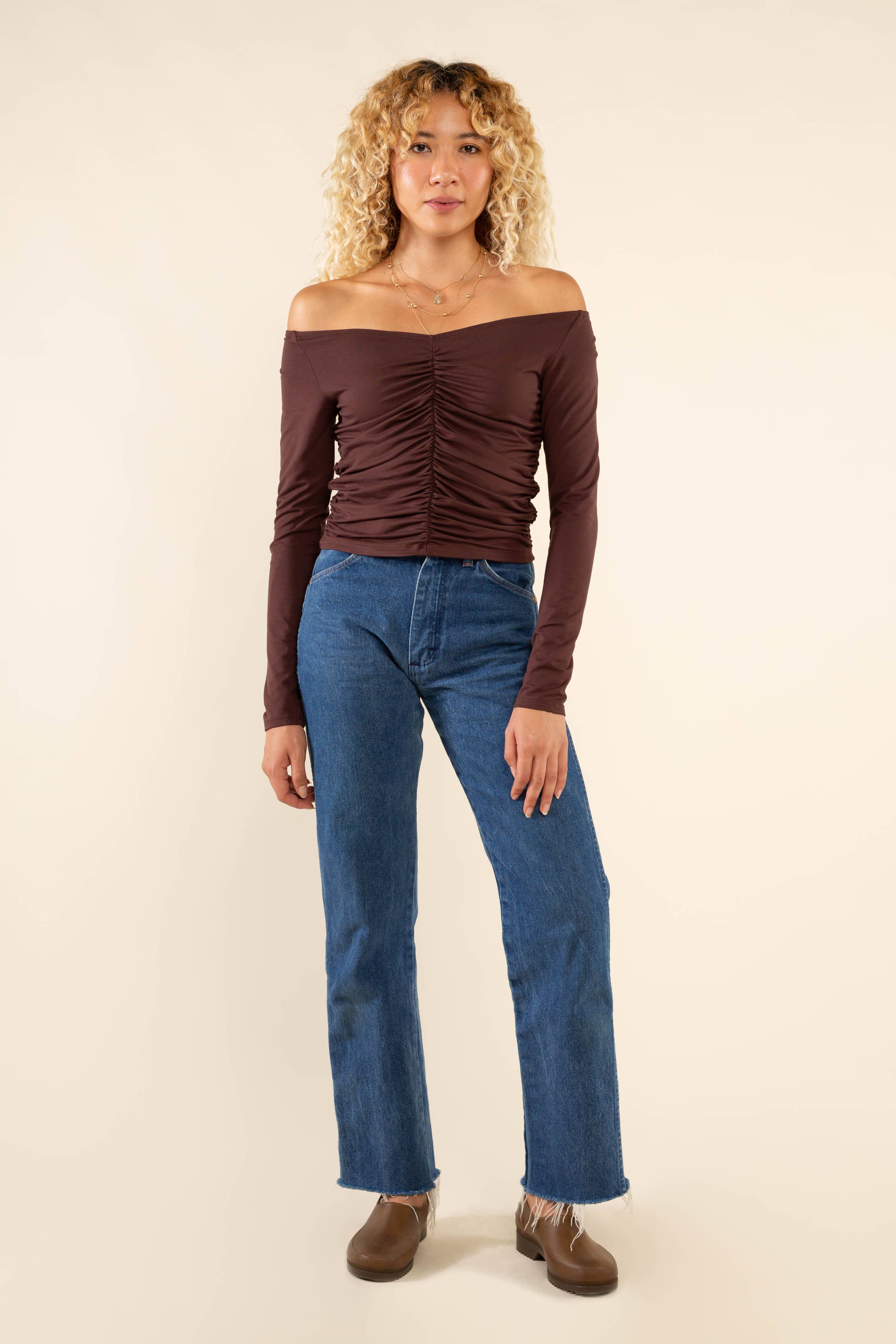 Martel | Ruched Long Sleeve Off Shoulder Top