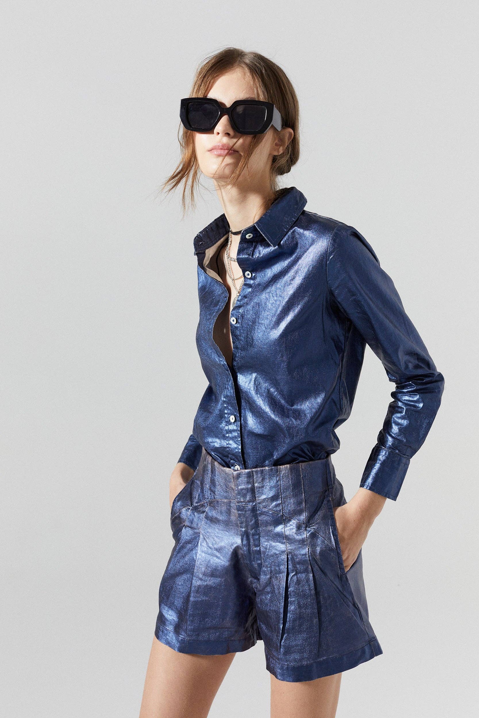 San Marino Metallic Linen Shirt - Dark Blue