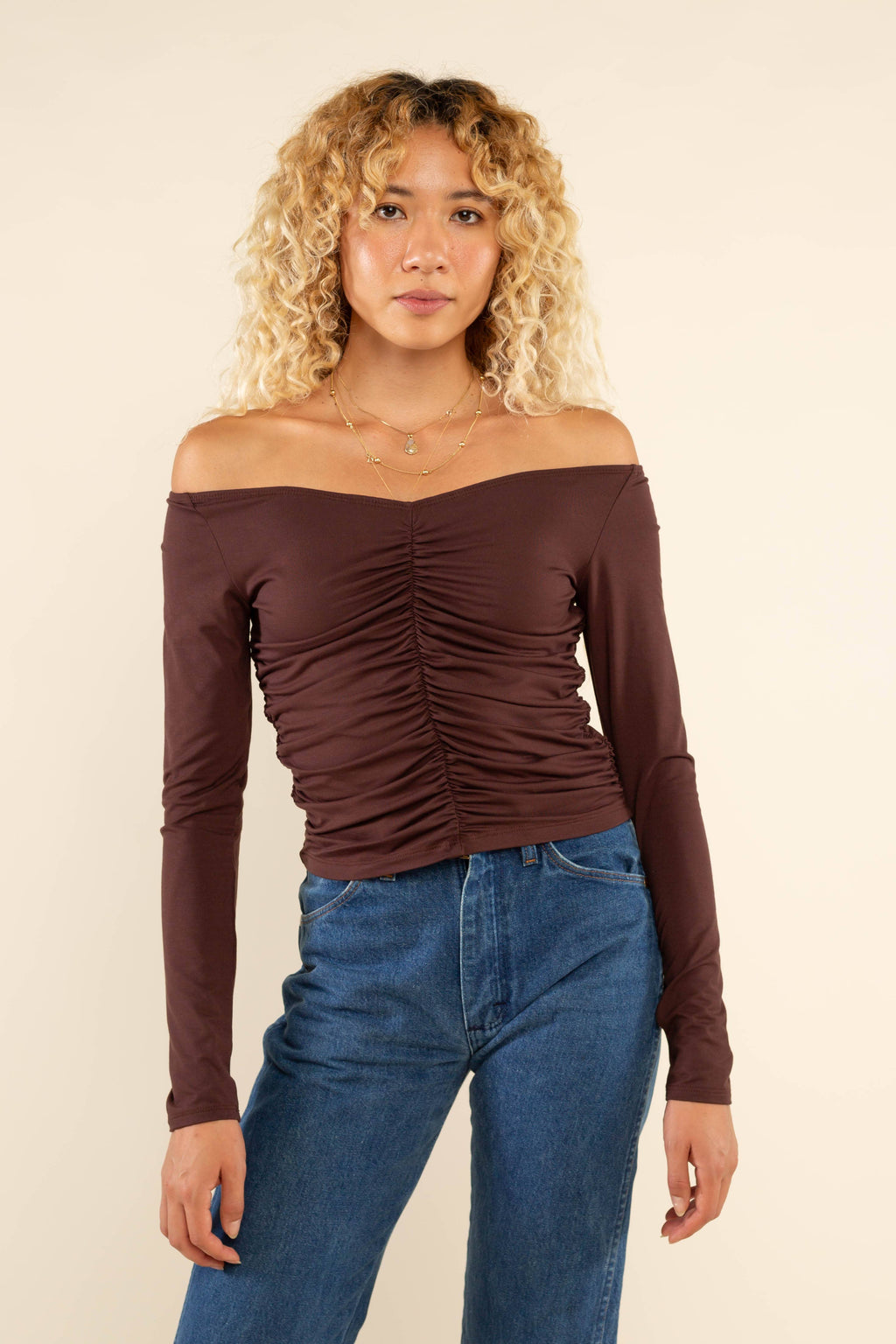 Martel | Ruched Long Sleeve Off Shoulder Top