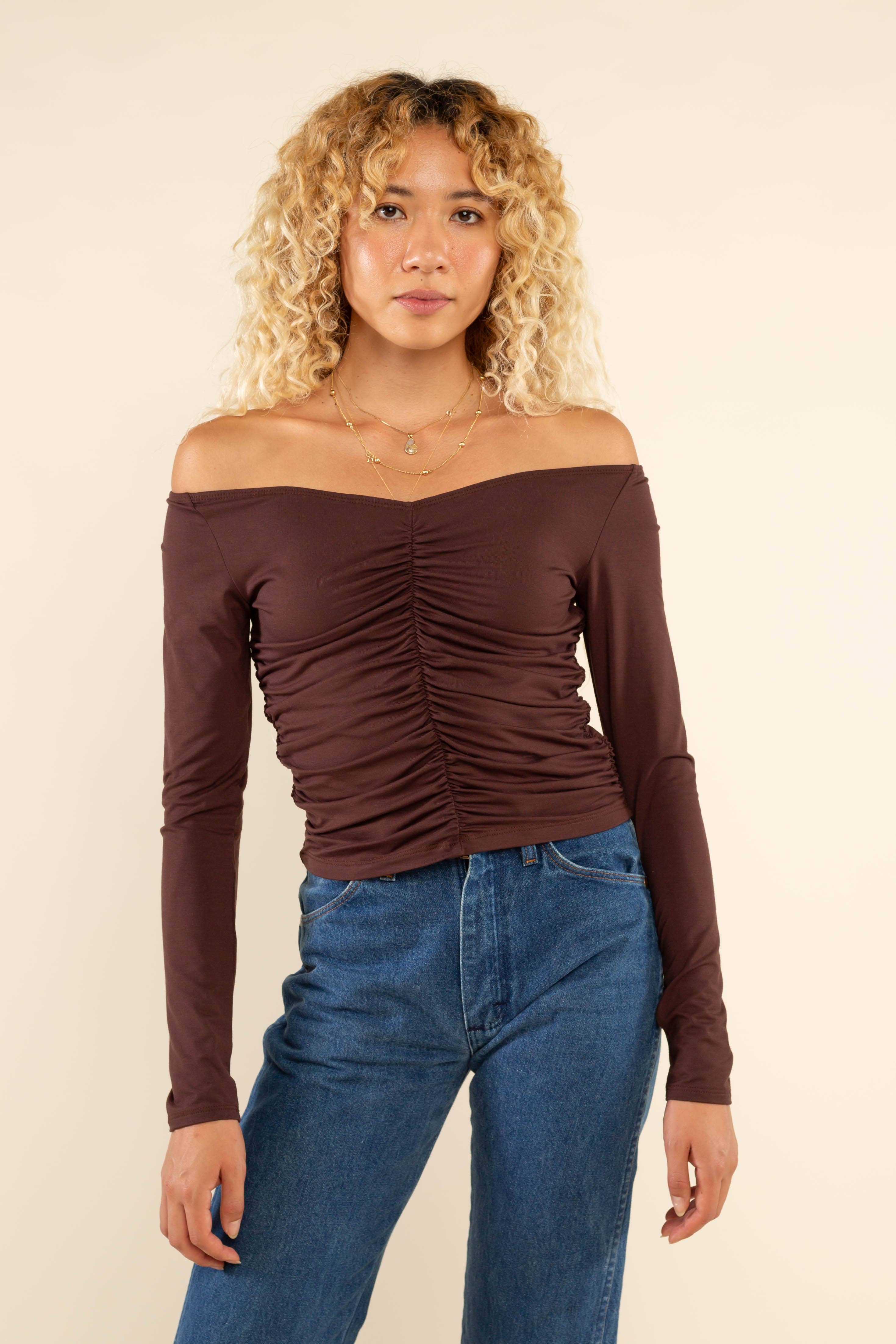 Martel | Ruched Long Sleeve Off Shoulder Top