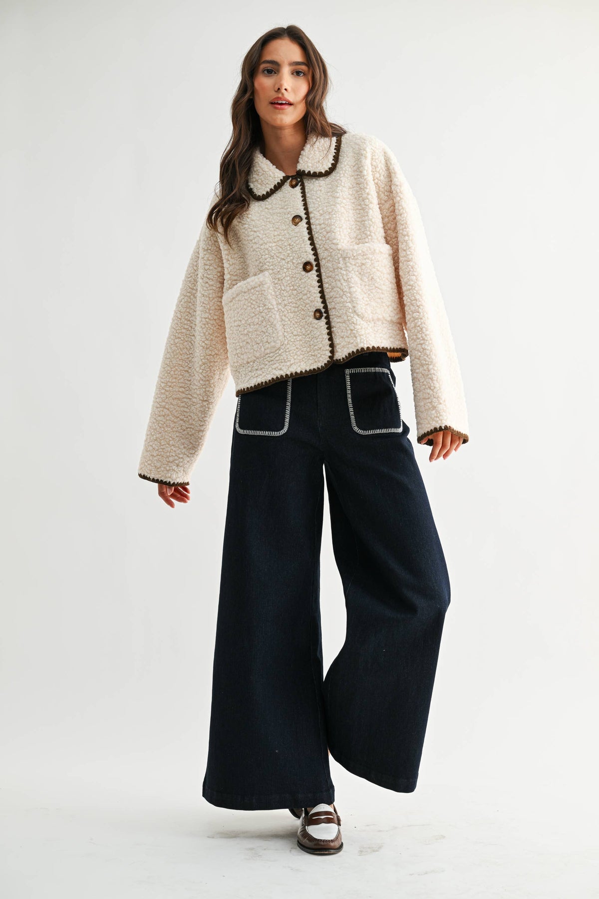 Camille | Contrast Trim Sherpa Jacket