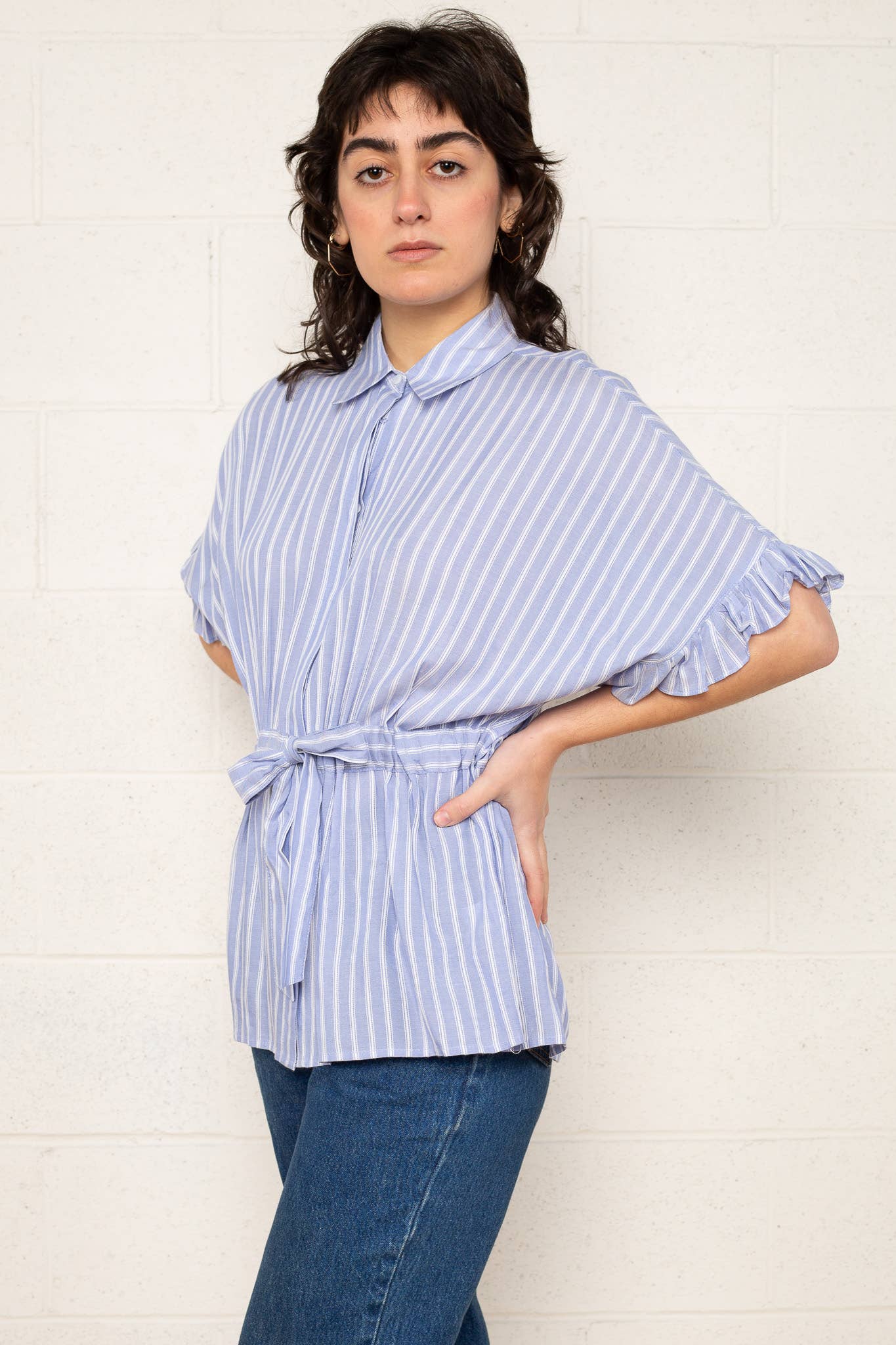 Lenny | Button Up Blouse with Ruffle Sleeve and Tie Waist