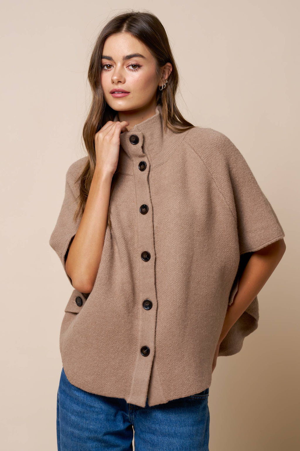 Ponya | Mock Neck Button Down Knit Poncho