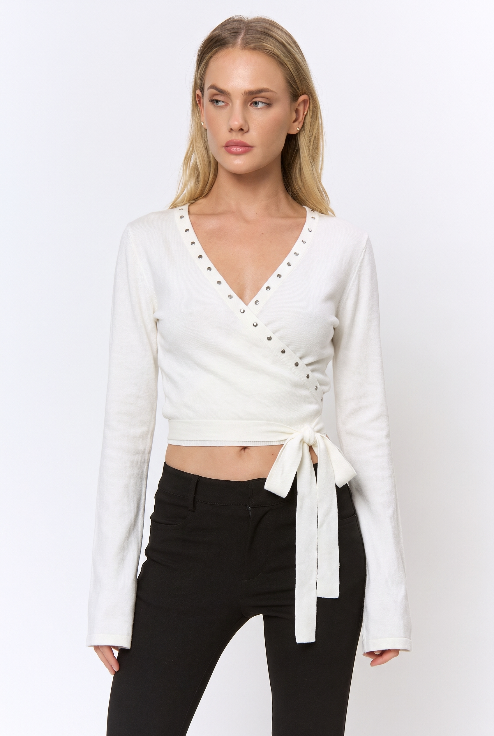 Regina | Studded Wrap Long Leeve Sweater Top
