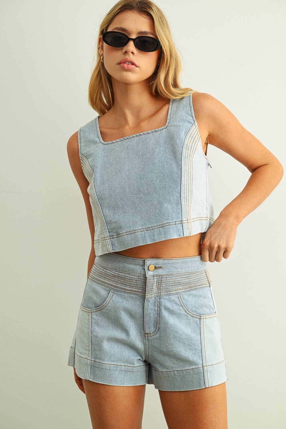 Gene | Denim Color Block Sleeveless Top