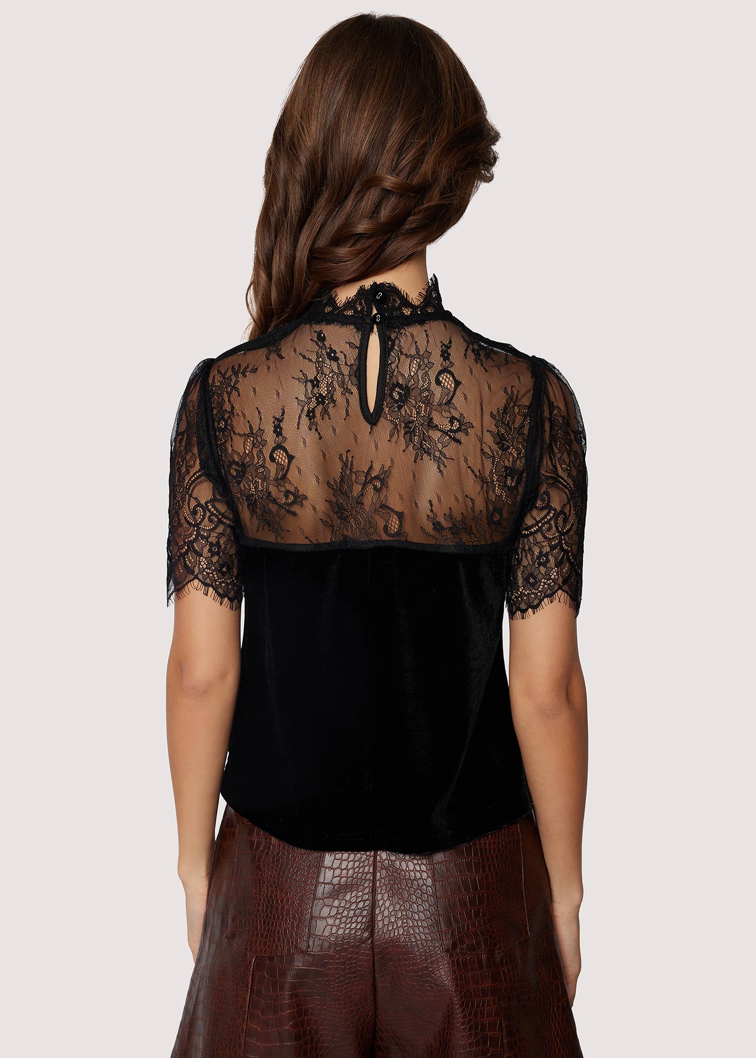 Fiore Top | Black Mock Neck Short Lace Sleeve Blouse
