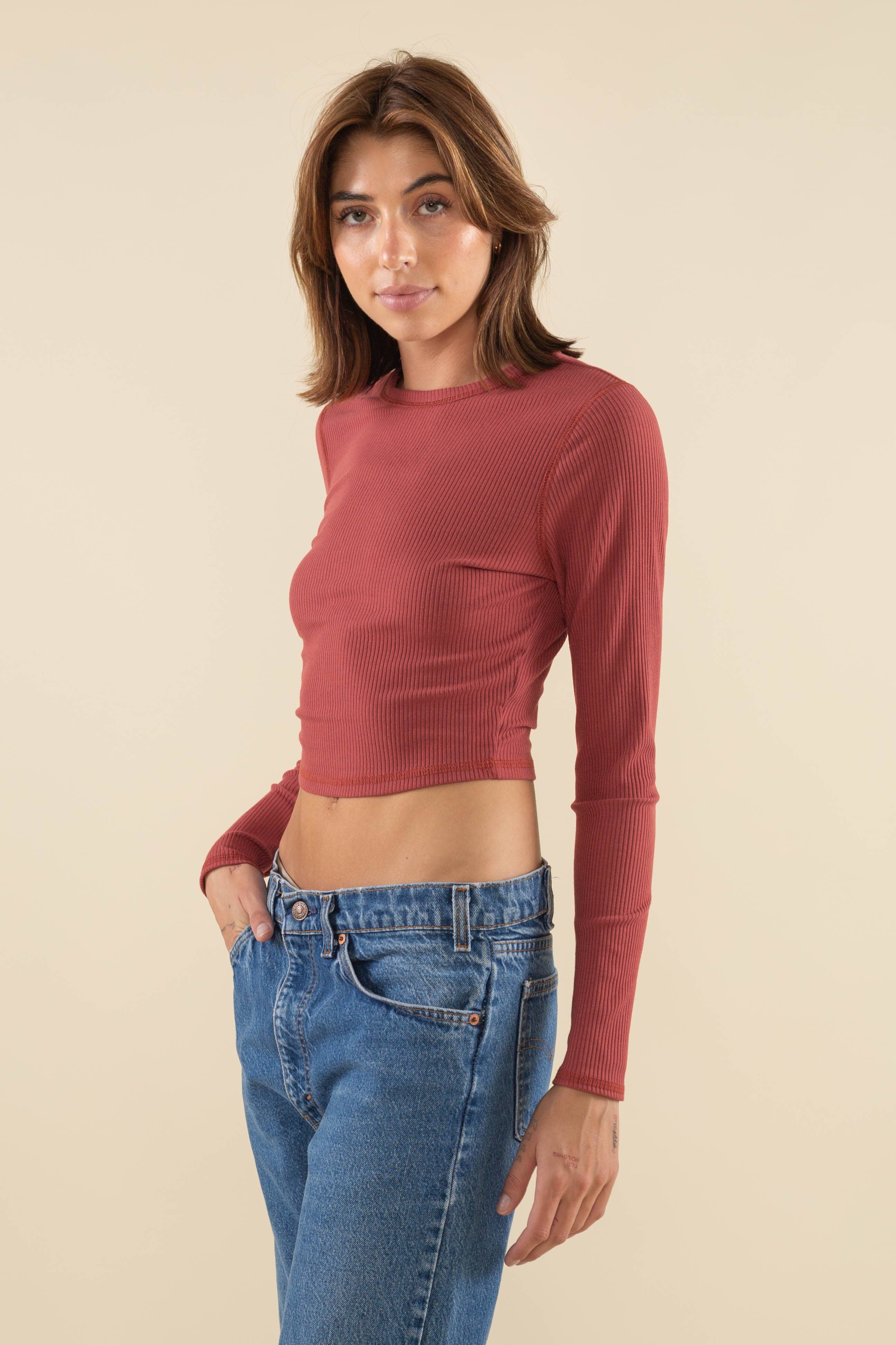 Quin | Crop Length Rib Long Sleeve Crewneck
