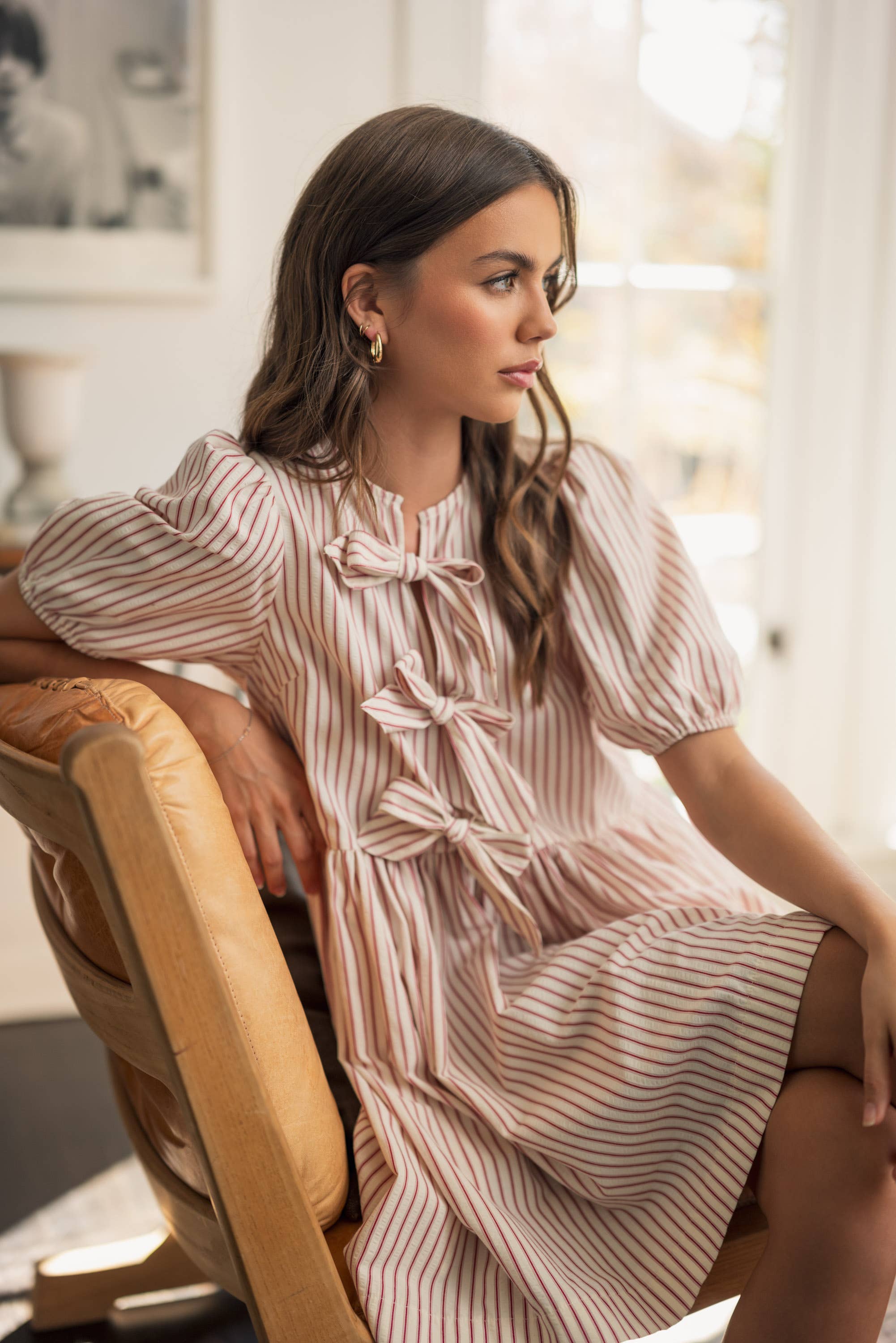Darcey | Striped With Bow Tie Front SSLV Dress
