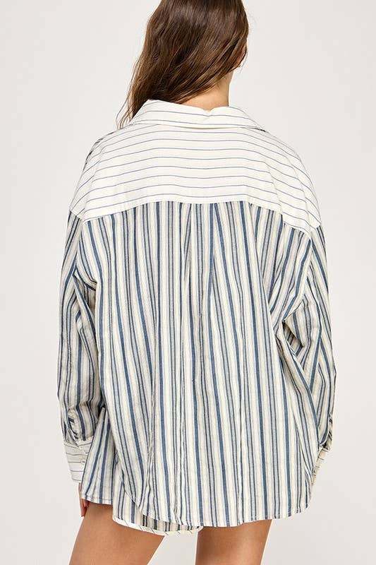 Summer Breeze | Contrast Stripe Button Down Shirt 100% Cotton