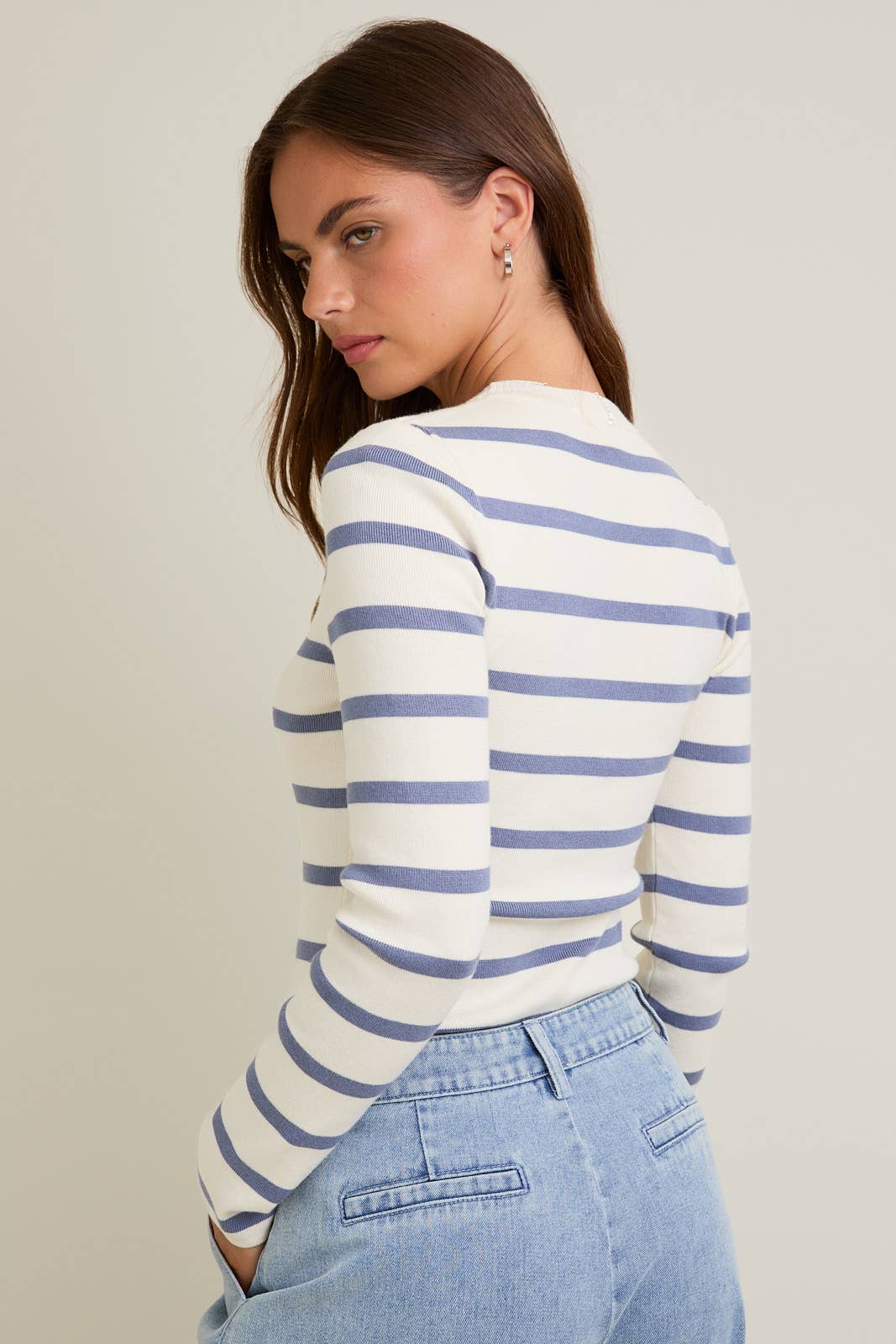 Coa | Round Neck Long Sleeve Stripe Knit Bodysuit