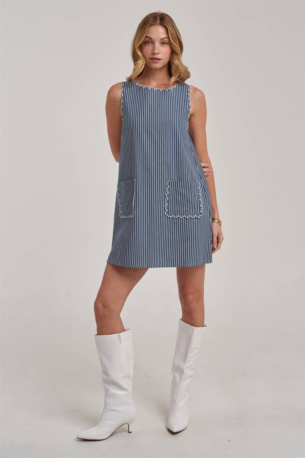 Scallop | Embroidered Sleeveless Stripe Denim Mini Dress