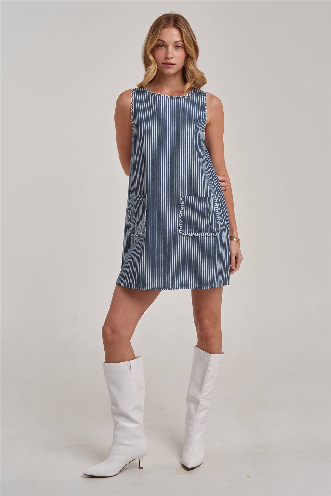 Scallop | Embroidered Sleeveless Stripe Denim Mini Dress