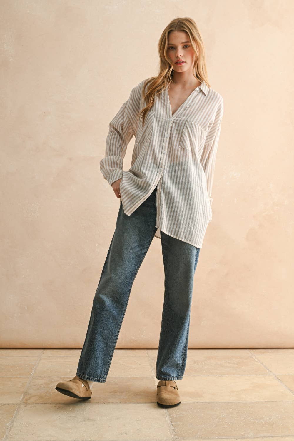 Wren | Grey Striped Buttondown Shirt