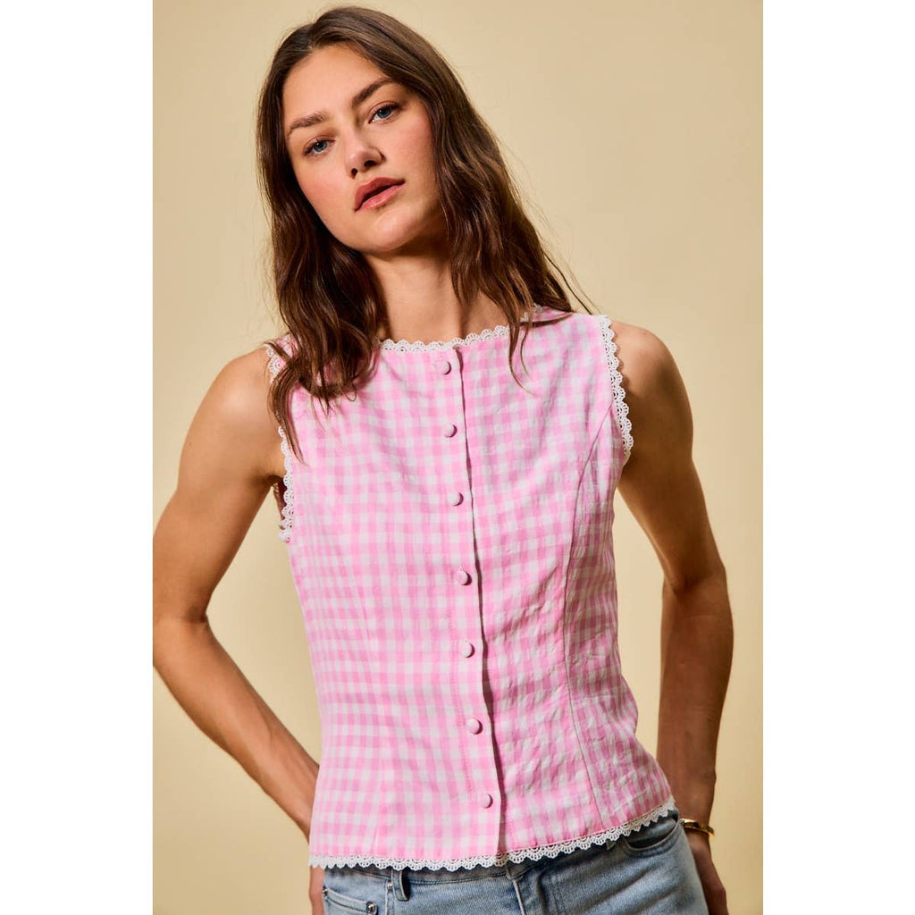 Kensington | Gingham Lace Trim Button Down Top