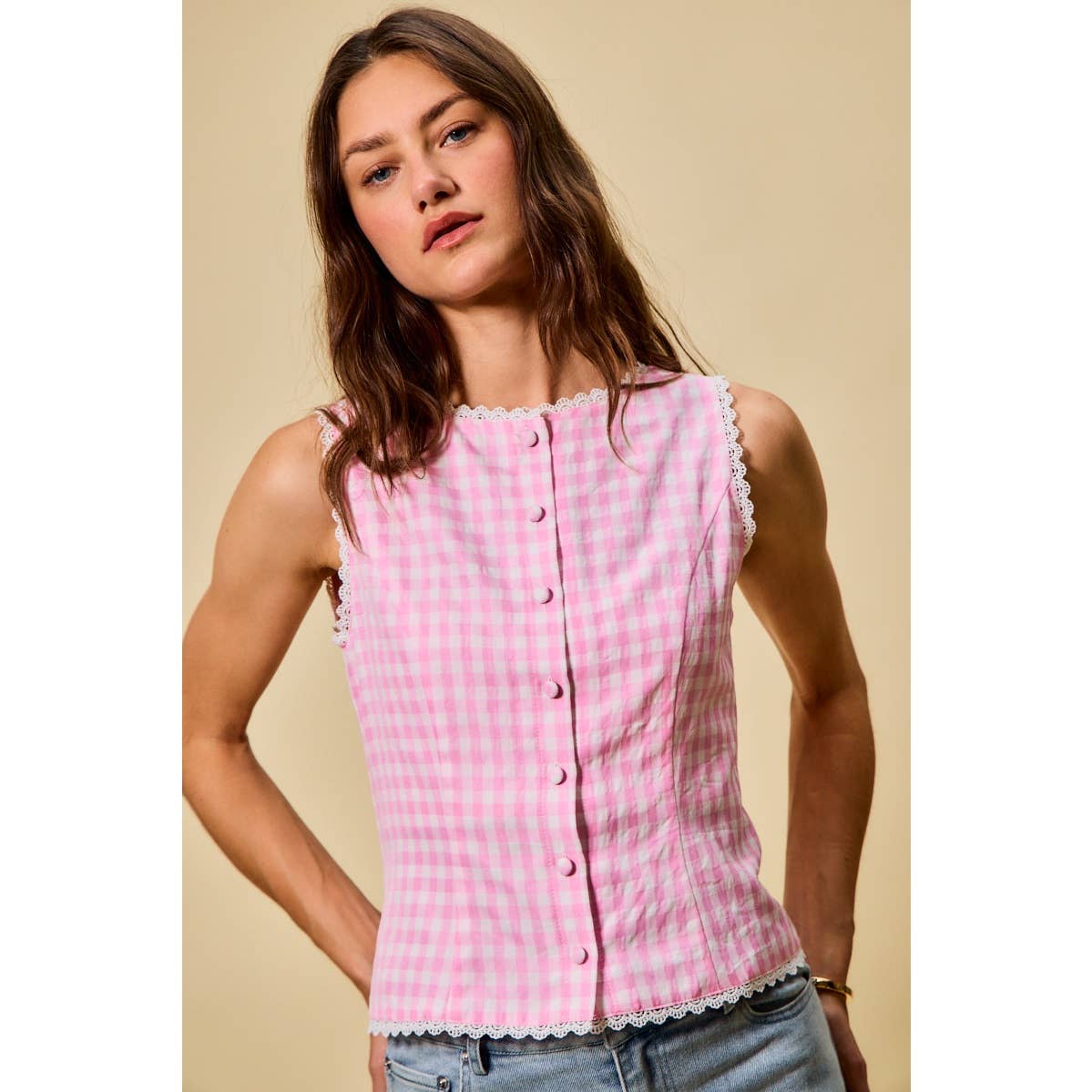 Kensington | Gingham Lace Trim Button Down Top