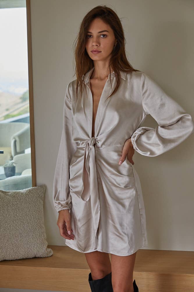 Poppy | Woven Satin Collar Neck Waist Tie Button Down Dress