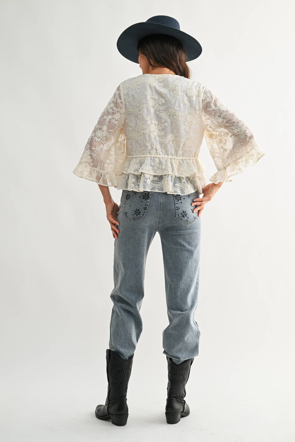 Holland |  Boho Embroidered Sheer Blouse Flowy Bell Sleeves