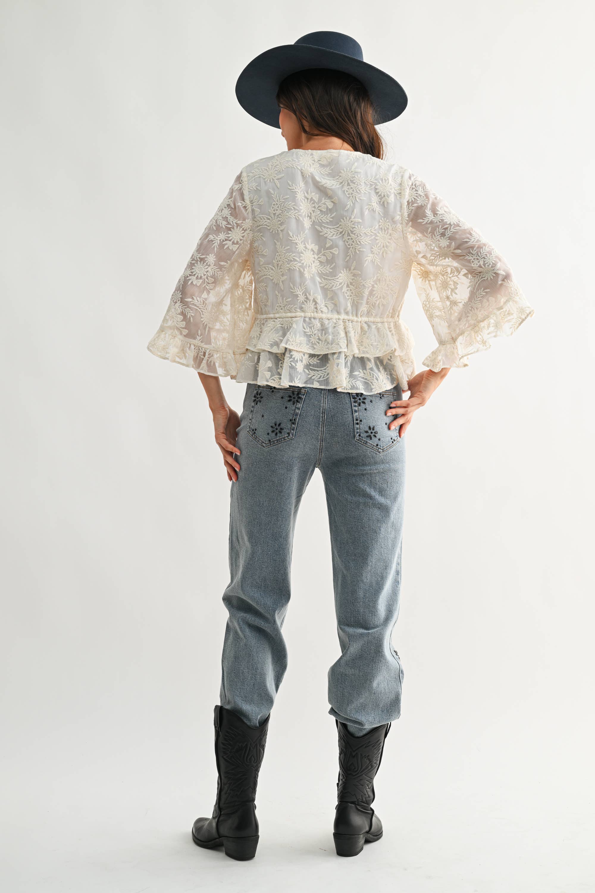 Holland |  Boho Embroidered Sheer Blouse Flowy Bell Sleeves
