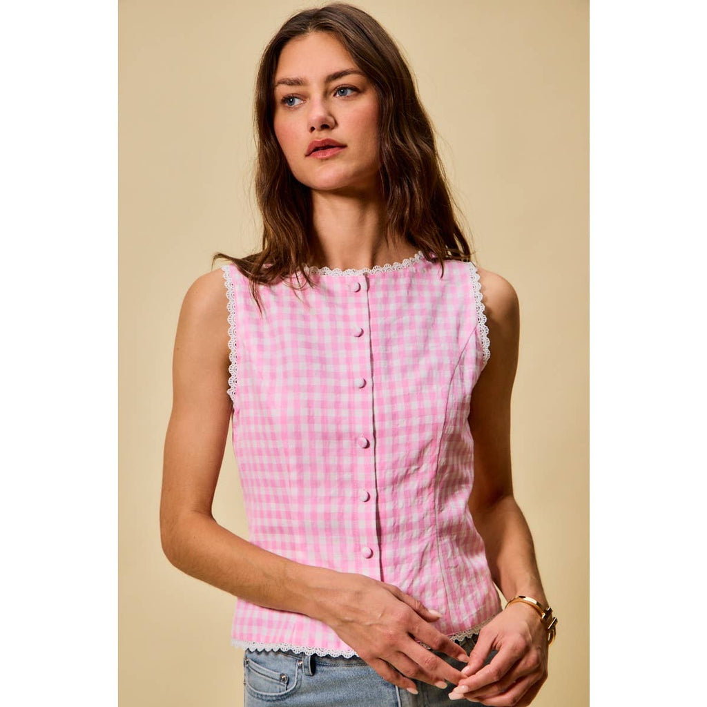 Kensington | Gingham Lace Trim Button Down Top
