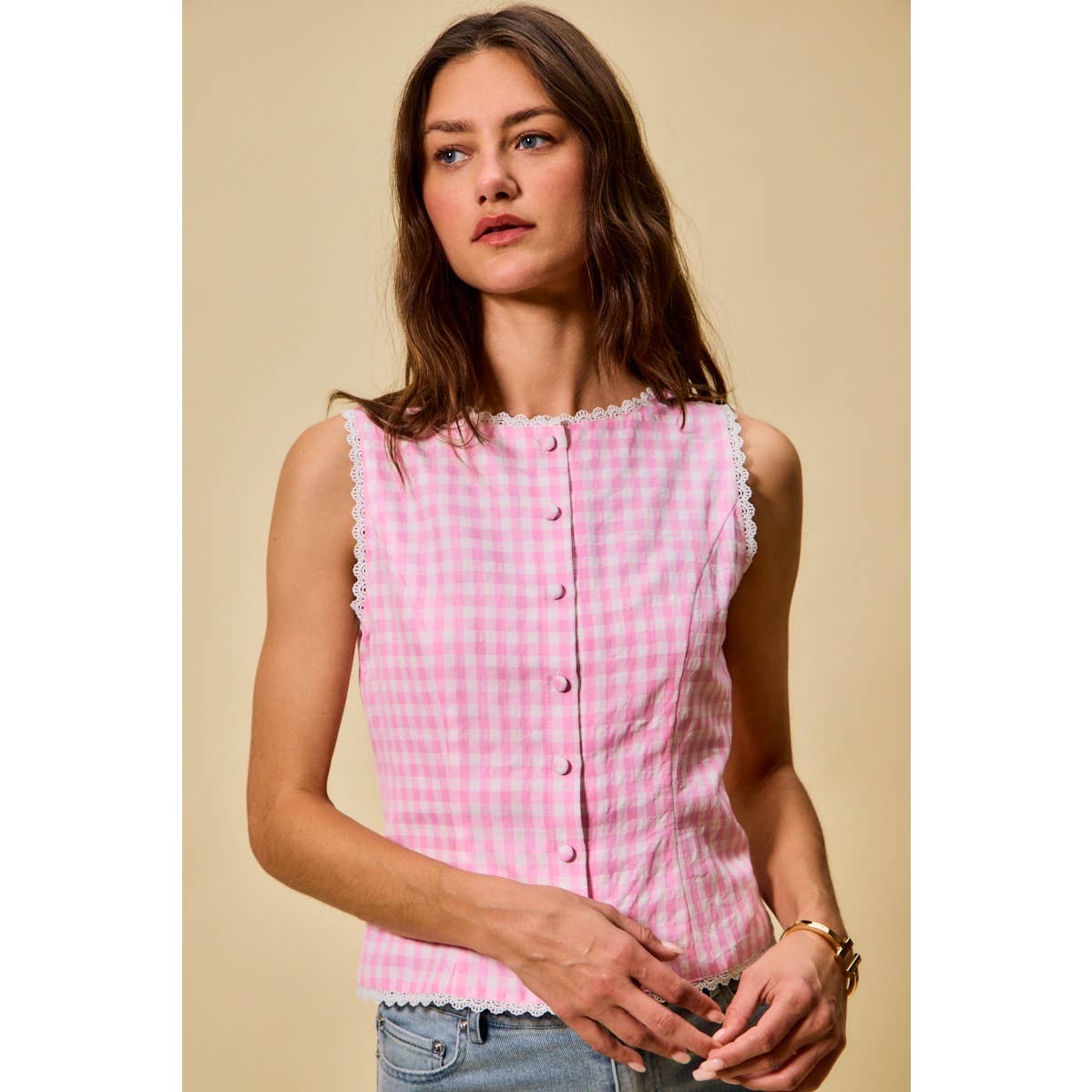 Kensington | Gingham Lace Trim Button Down Top