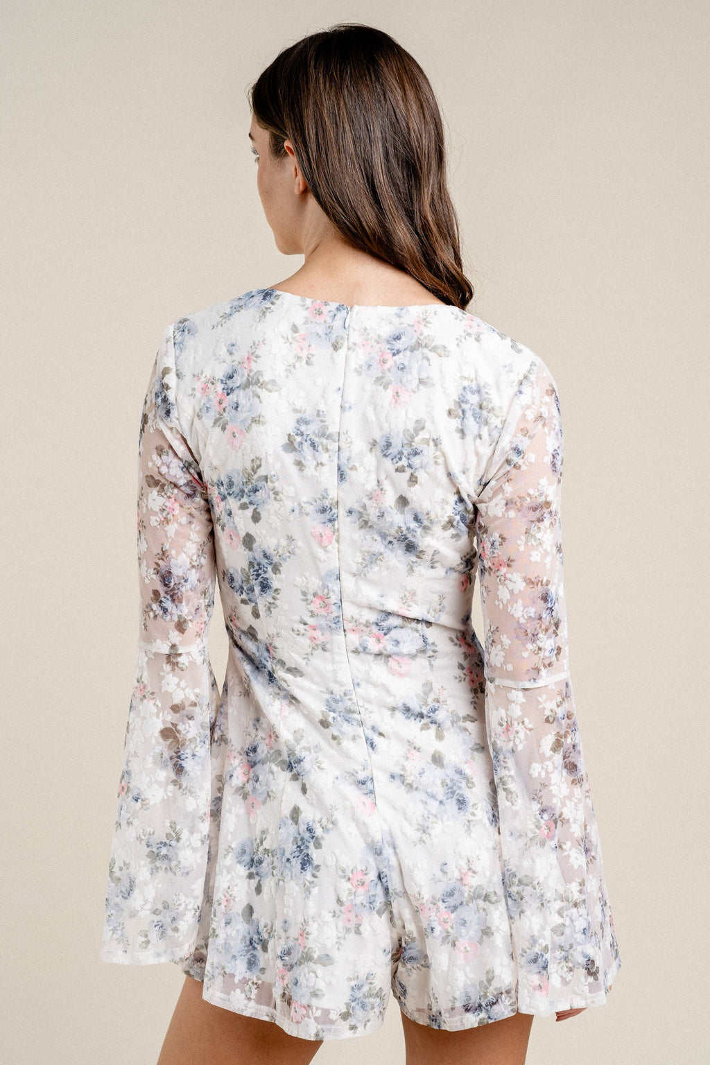 Lani | Romantic Floral Burnout Mesh  Sleeve Romper