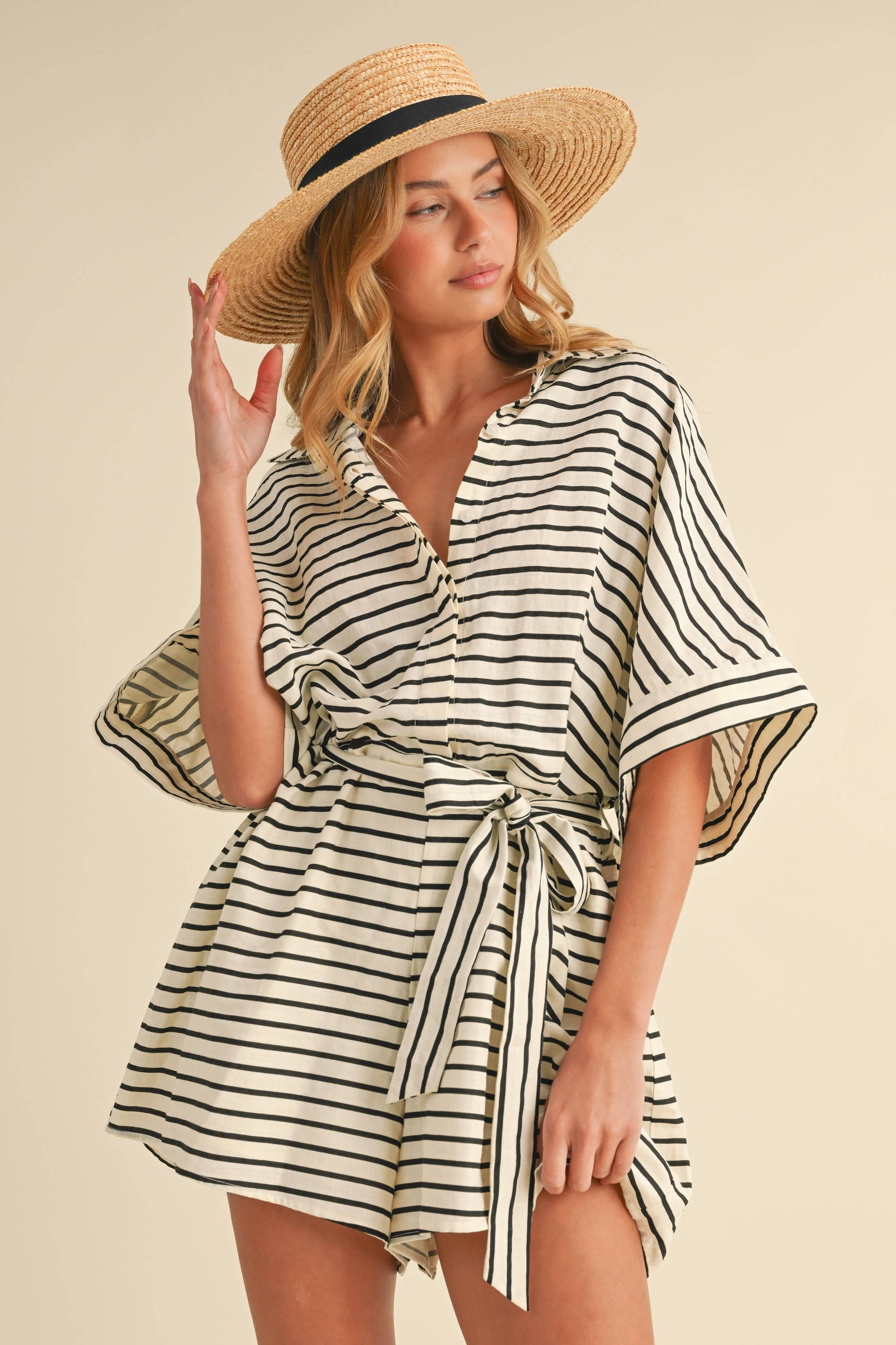 Topanga | Striped Relaxed Fit Belted Short Sleeve Romper